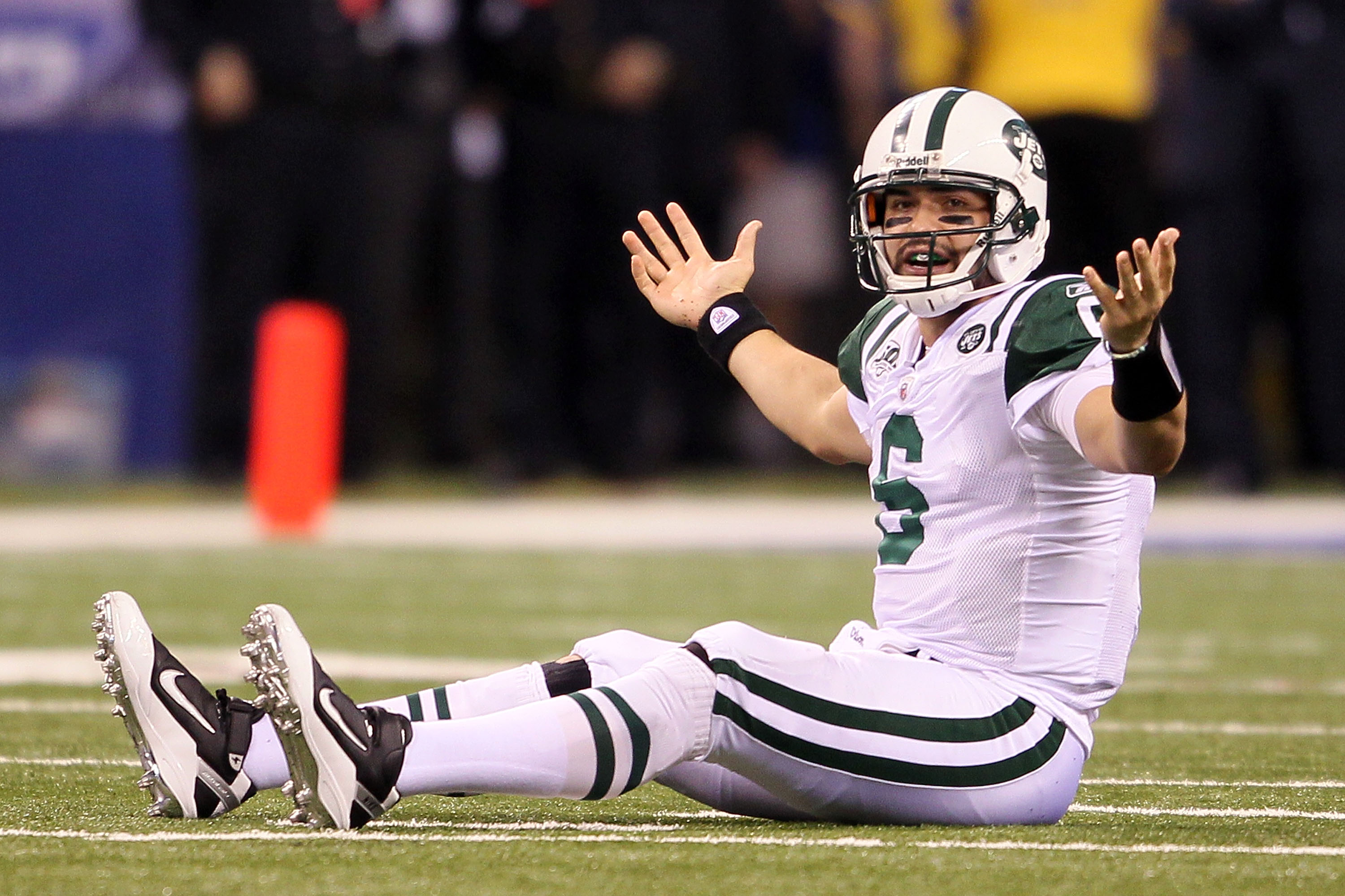 New York Jets quarterback Mark Sanchez reacts after a play in the