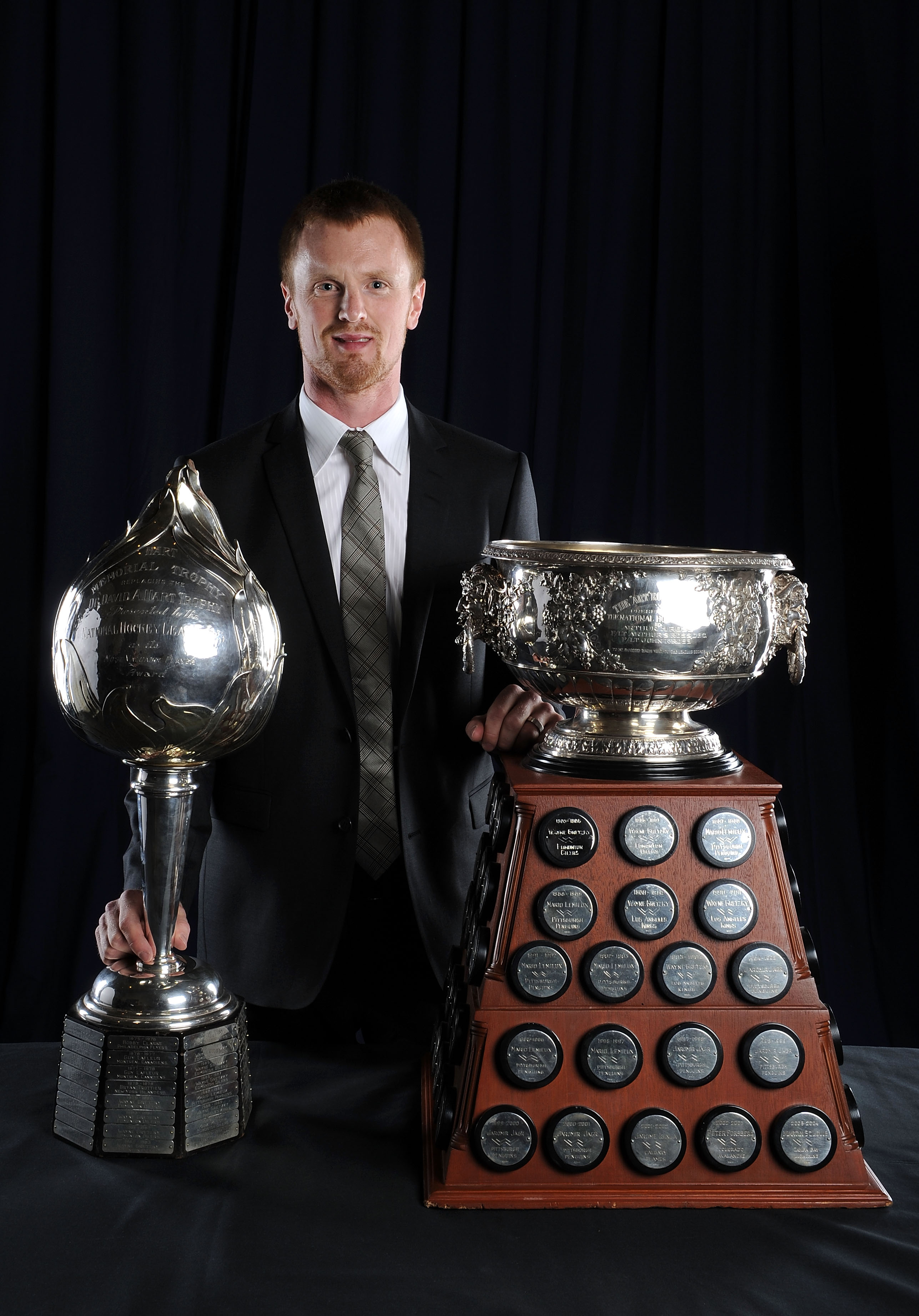 LAS VEGAS - JUNE 23: Henrik Sedin of the Vancouver Canucks poses for a portrait with the Hart Memorial Trophy and the Art Ross Trophy during the 2010 NHL Awards at the Palms Casino Resort on June 23, 2010 in Las Vegas, Nevada. (Photo by Harry How/Getty