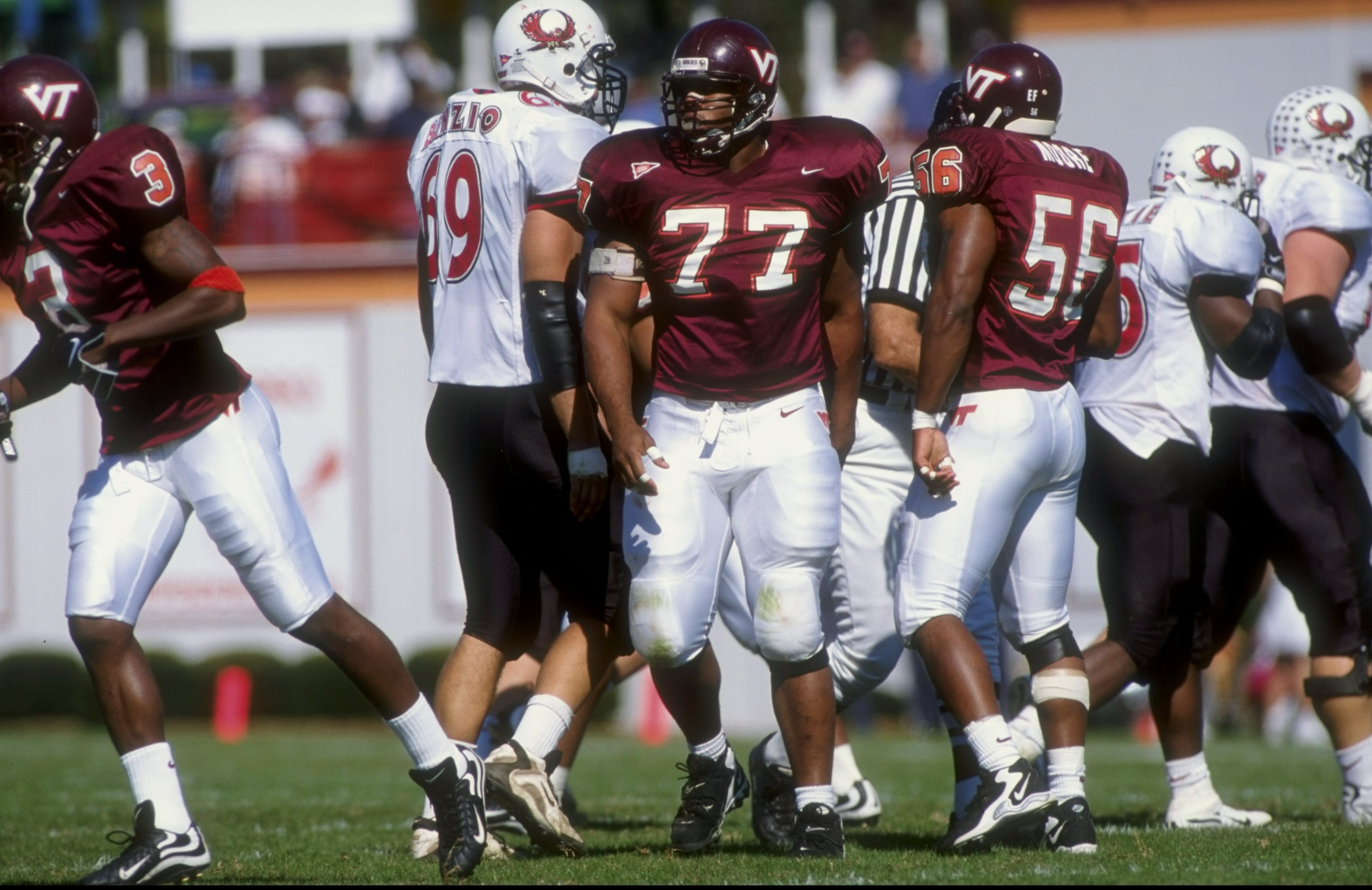 17 Oct 1998:  Defensive tackle Carl Bradley #77 of the Virginia Tech Hokies in action during the game against the Temple Owls at the Lane Stadium in Blacksburg, Virginia. The Owls defeated the Hokies 28-24. Mandatory Credit: Erik Perel  /Allsport