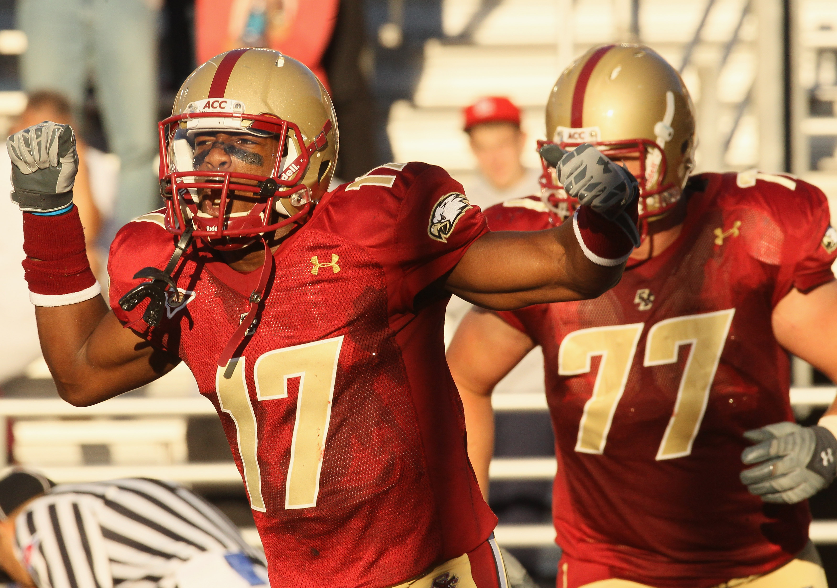 CHESTNUT HILL, MA - SEPTEMBER 11: Clyde Lee #17 of the Boston College Eagles celebrates his touchdown as teammate Emmett Cleary #77 stands by in the second half against the Kent State Golden Flashes on September 11, 2010 at Alumni Stadium in Chestnut Hil