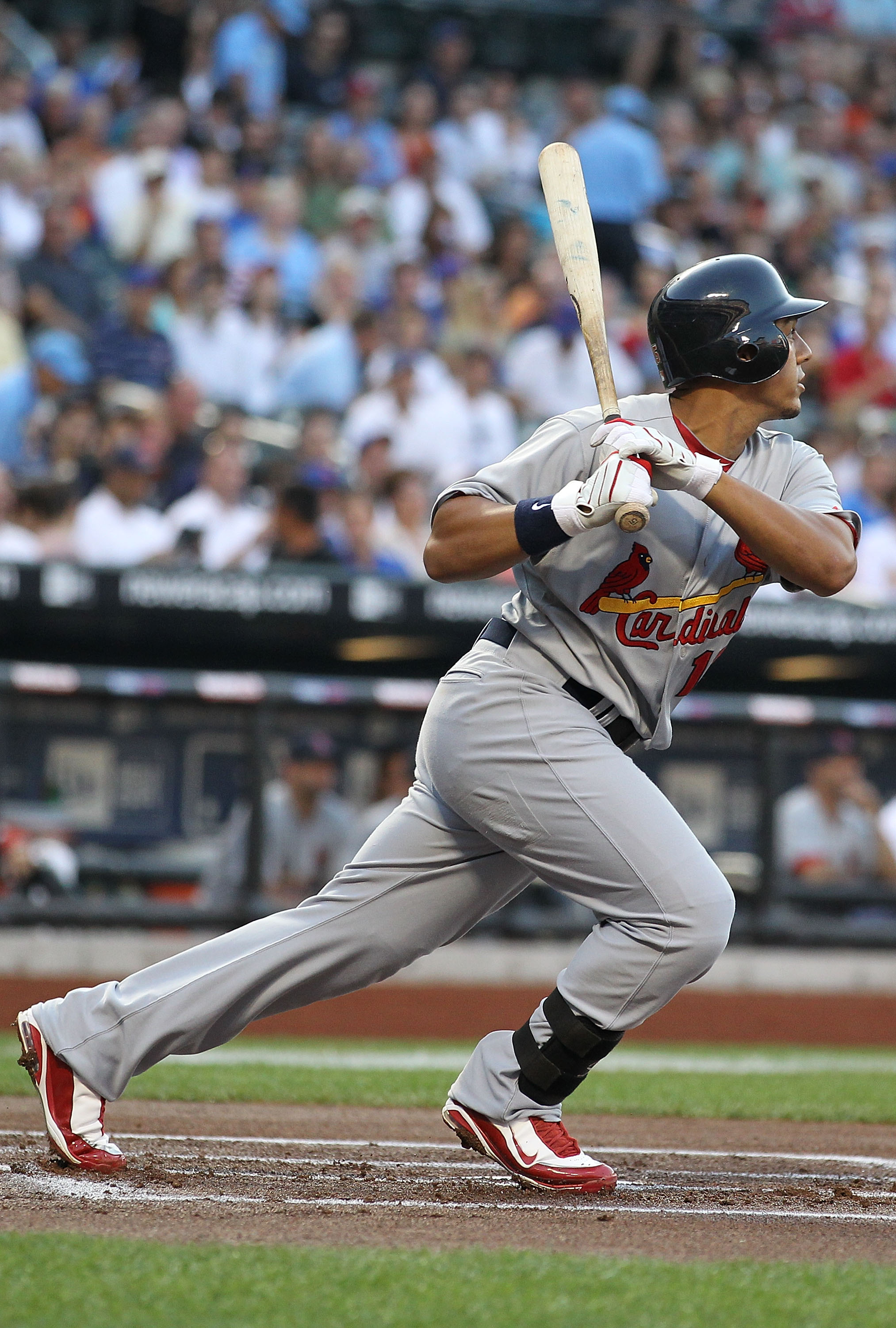 Jon Jay #15 of the St. Louis Cardinals runs to first base against