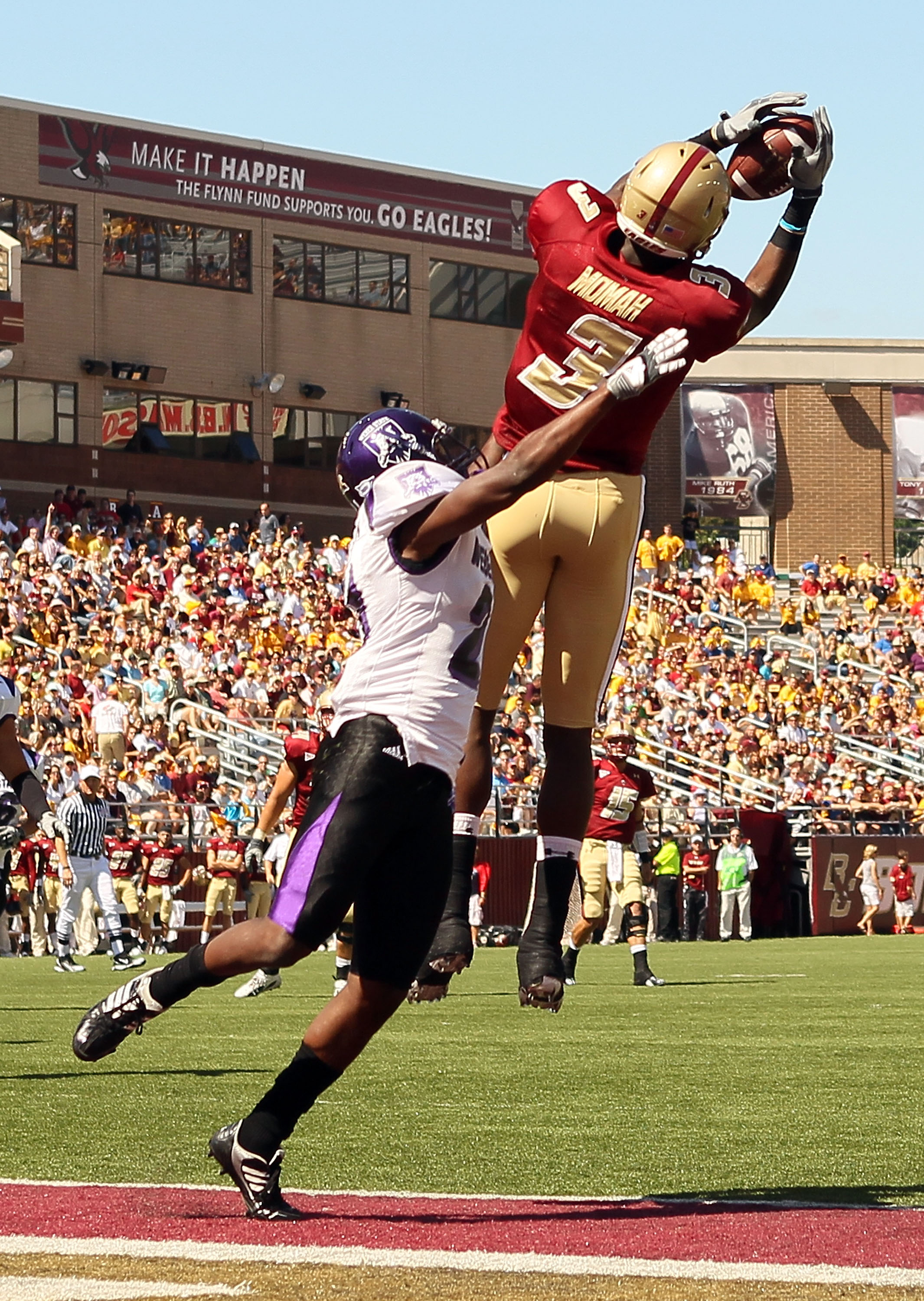 CHESTNUT HILL, MA - SEPTEMBER 04: Ifeanyi Momah #3 of the Boston College Eagles makes the touchdown catch as Antwain Stutson #21 of the Weber State Wildcats defends on September 4, 2010 at Alumni Stadium in Chestnut Hill, Massachusetts. (Photo by Elsa/G