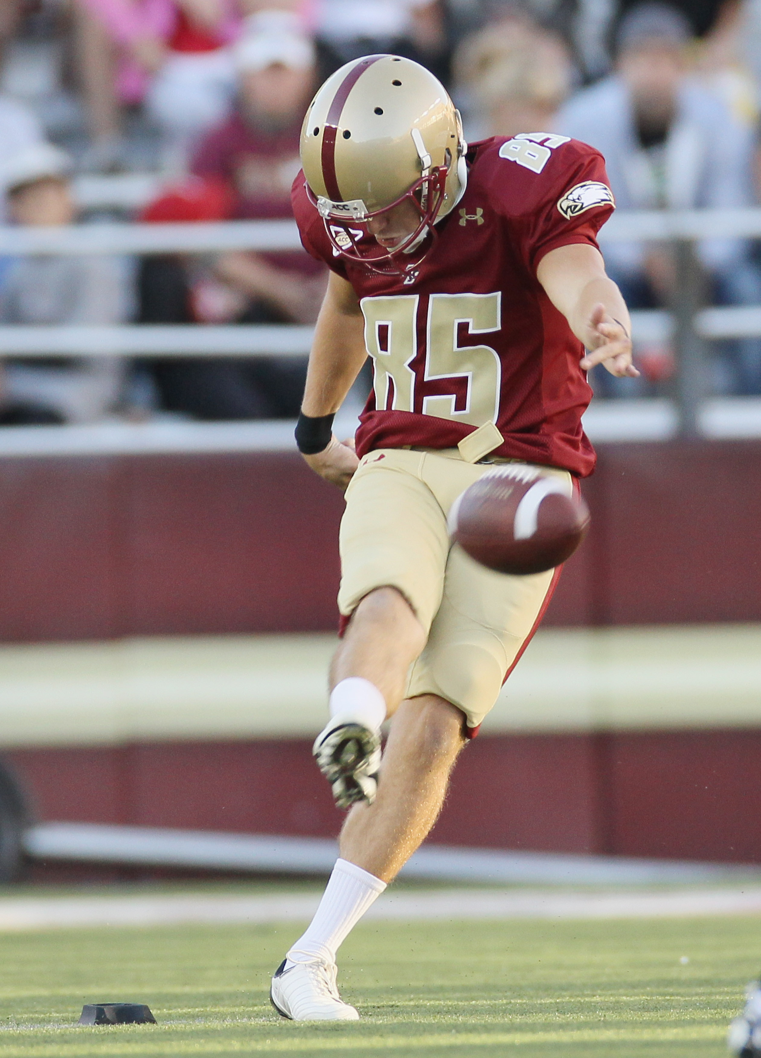 CHESTNUT HILL, MA - SEPTEMBER 11: Nate Freese #85 of the Boston College Eagles kicks off against the Kent State Golden Flashes on September 11, 2010 at Alumni Stadium in Chestnut Hill, Massachusetts. Boston College defeated Kent State 26-13. (Photo by E