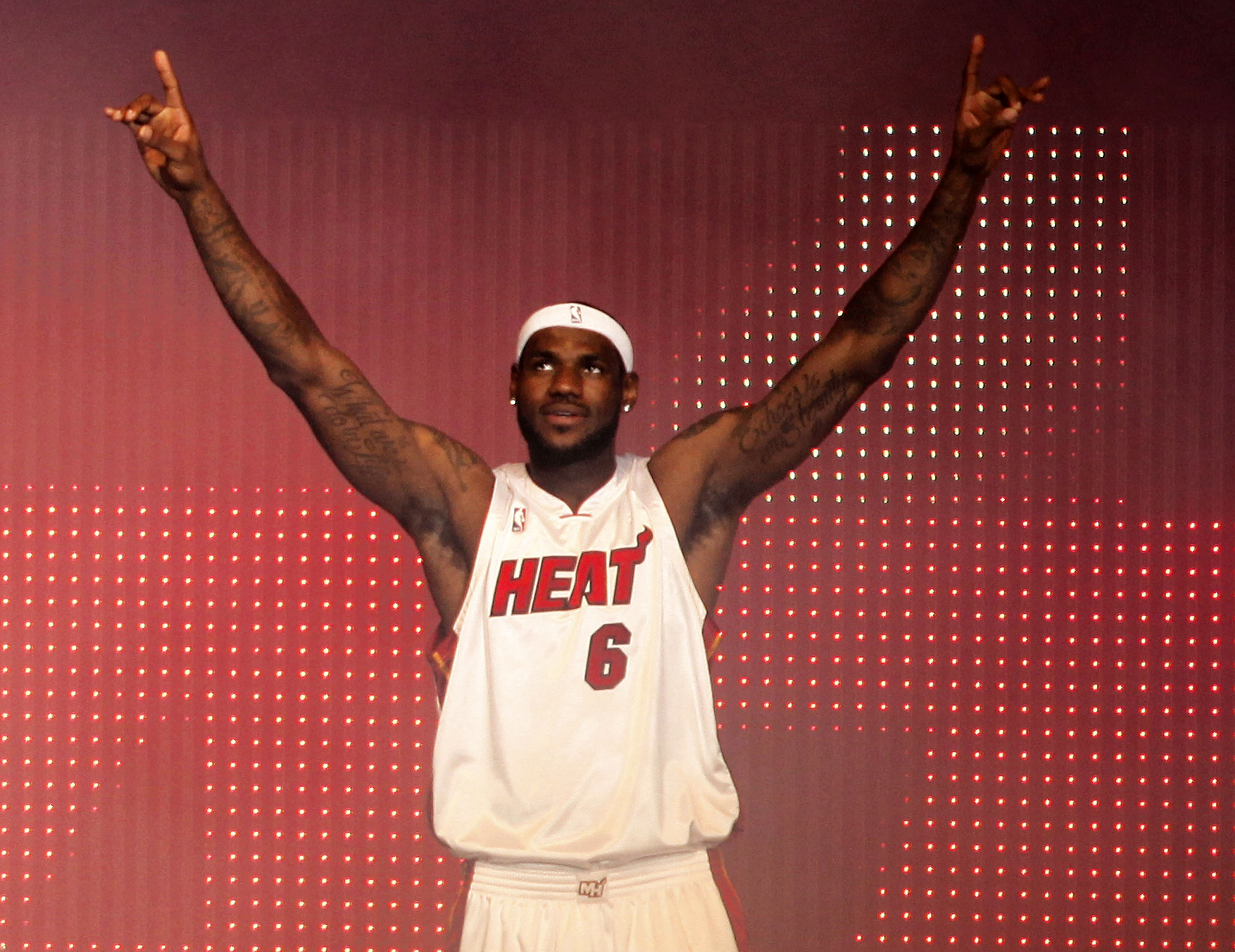 MIAMI - JULY 09:  LeBron James #6 of the Miami Heat is introduced during a welcome party at American Airlines Arena on July 9, 2010 in Miami, Florida.  (Photo by Marc Serota/Getty Images)