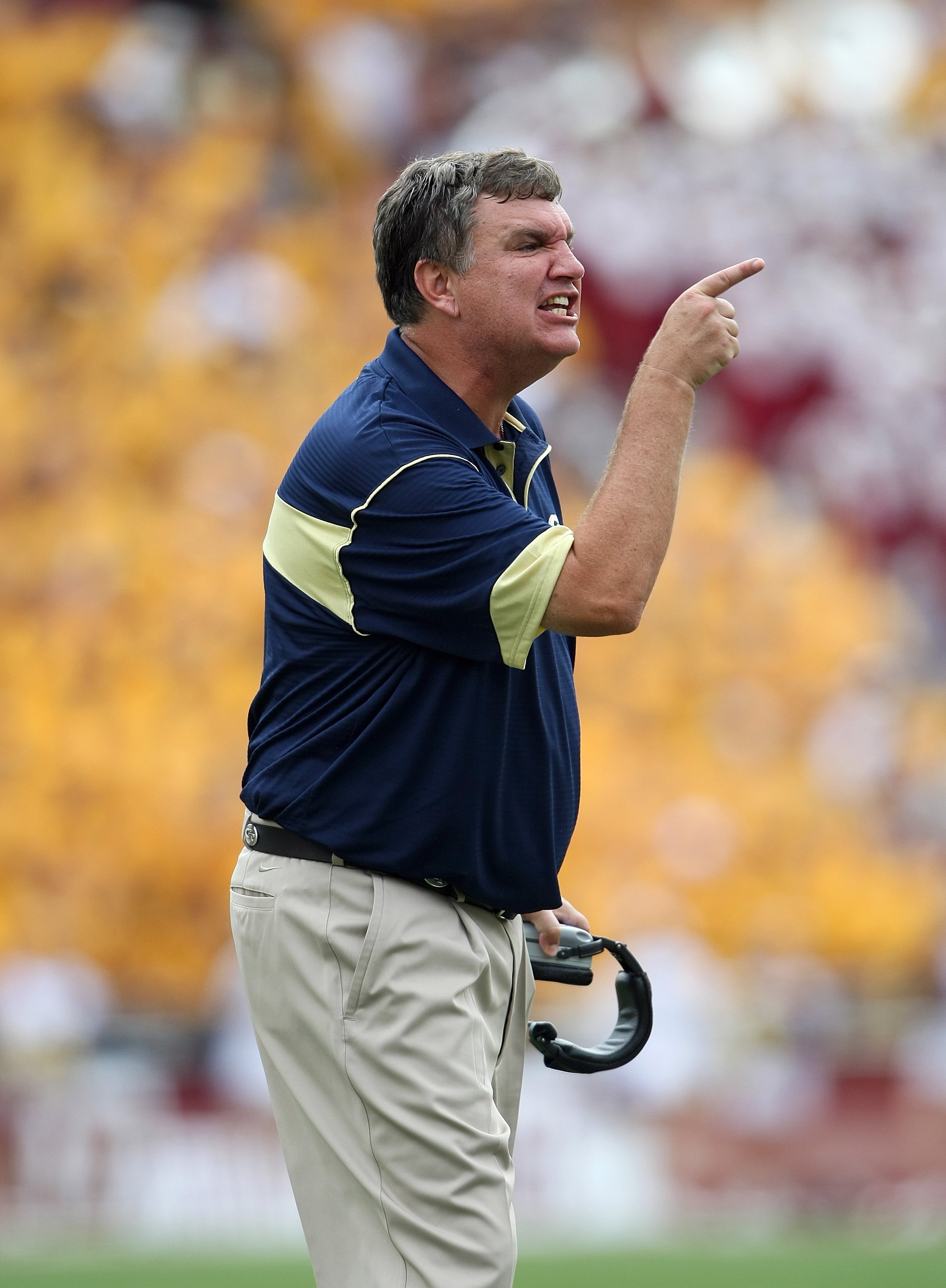 CHESTNUT HILL, MA - SEPTEMBER 6: Head Coach Paul Johnson of the Georgia Tech Yellow Jackets reacts near the sideline during their game against the Boston College Eagles on September 6, 2008 at Alumni Stadium in Chestnut Hill, Massachusetts. The Yellow Ja