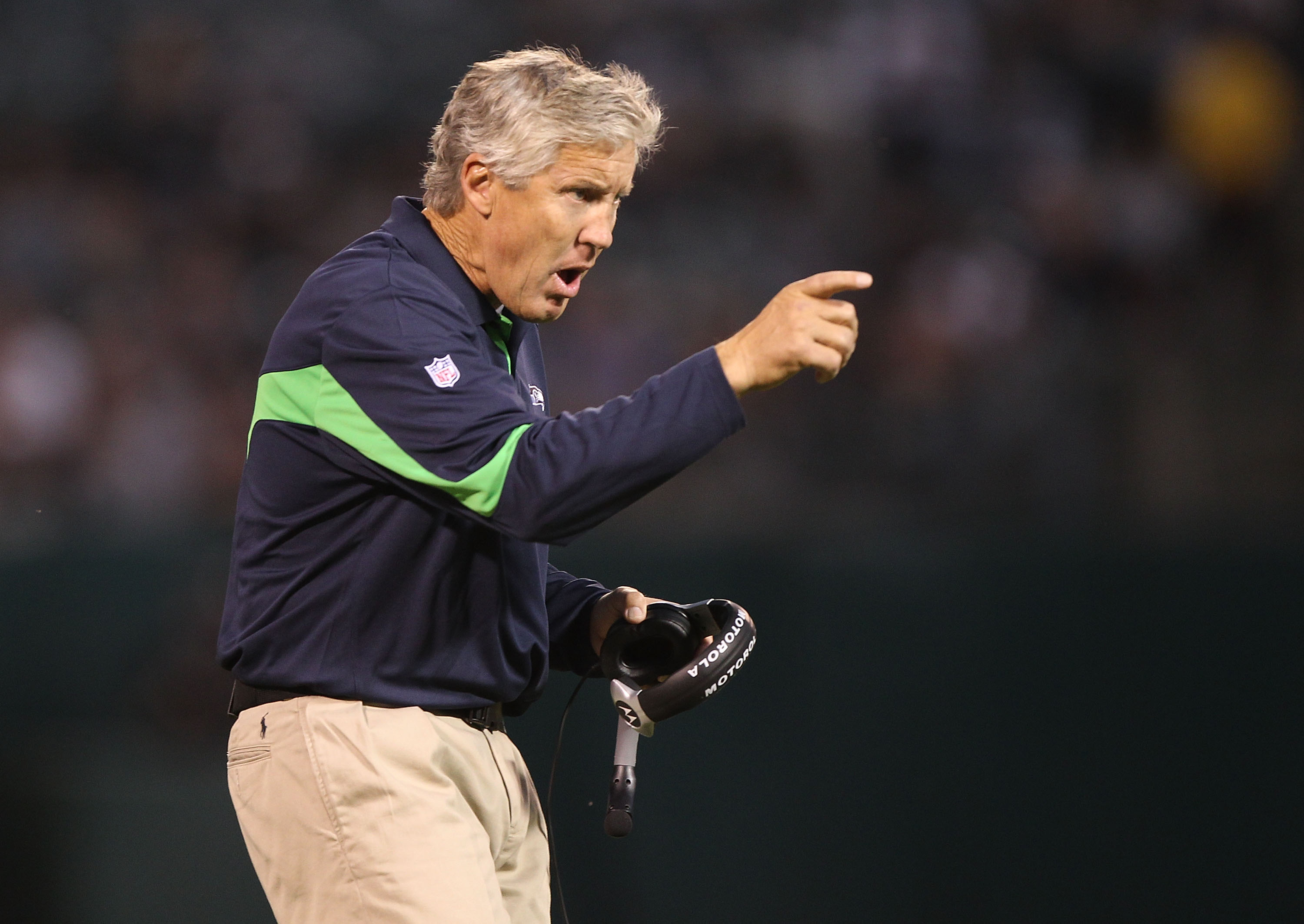 OAKLAND, CA - SEPTEMBER 02:  Head coach Pete Carroll of the Seattle Seahawks looks on against the Oakland Raiders during an NFL preseason game at Oakland-Alameda County Coliseum on September 2, 2010 in Oakland, California.  (Photo by Jed Jacobsohn/Getty I