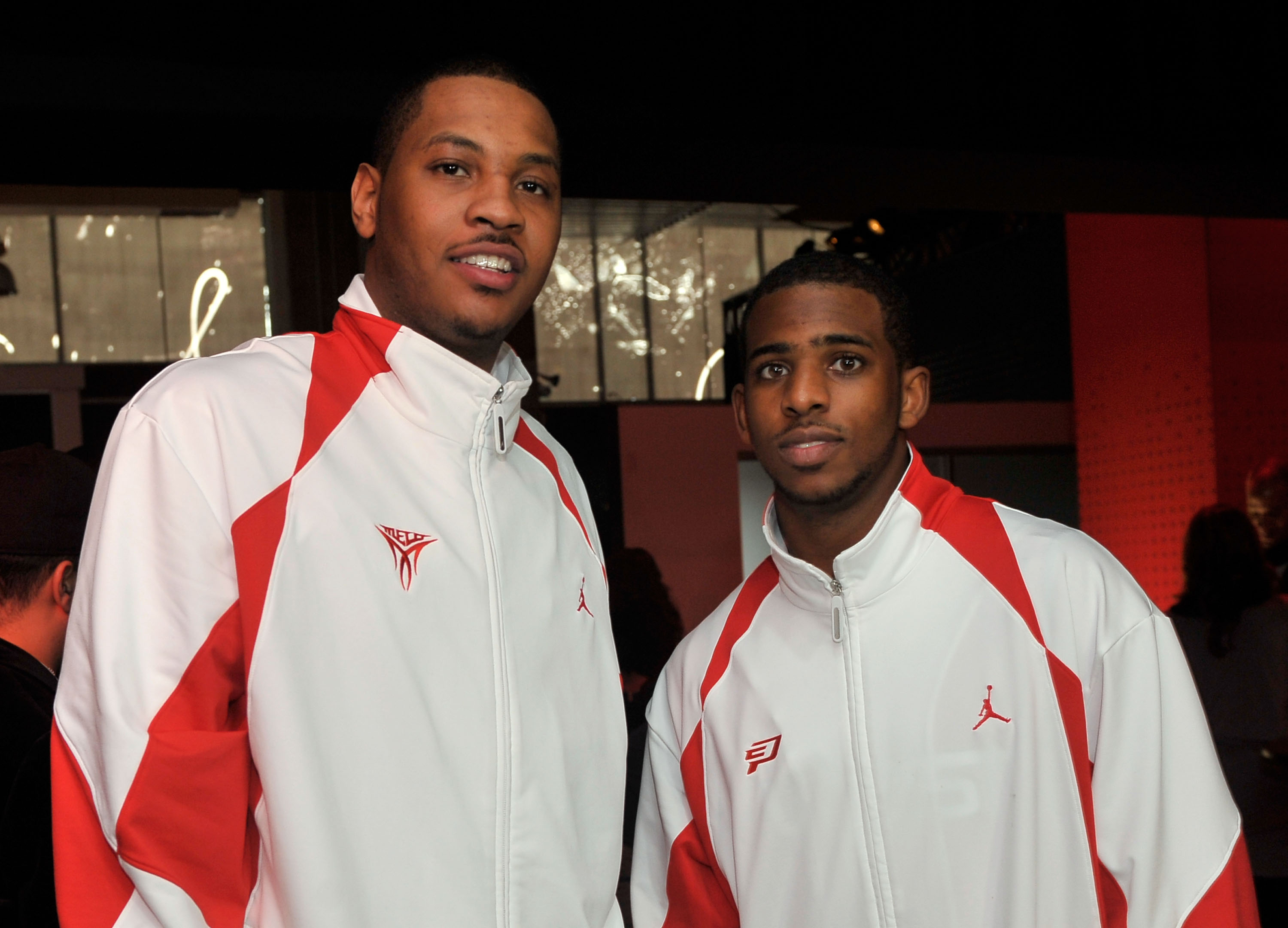 DALLAS - FEBRUARY 13: NBA players Carmelo Anthony (L) and Chris Paul attend the 23/25 Energy Space presented by Jordan Brand in Dallas, Texas on Februrary 13, 2010. (Photo by Charley Gallay/Getty Images for Jordan Brand)