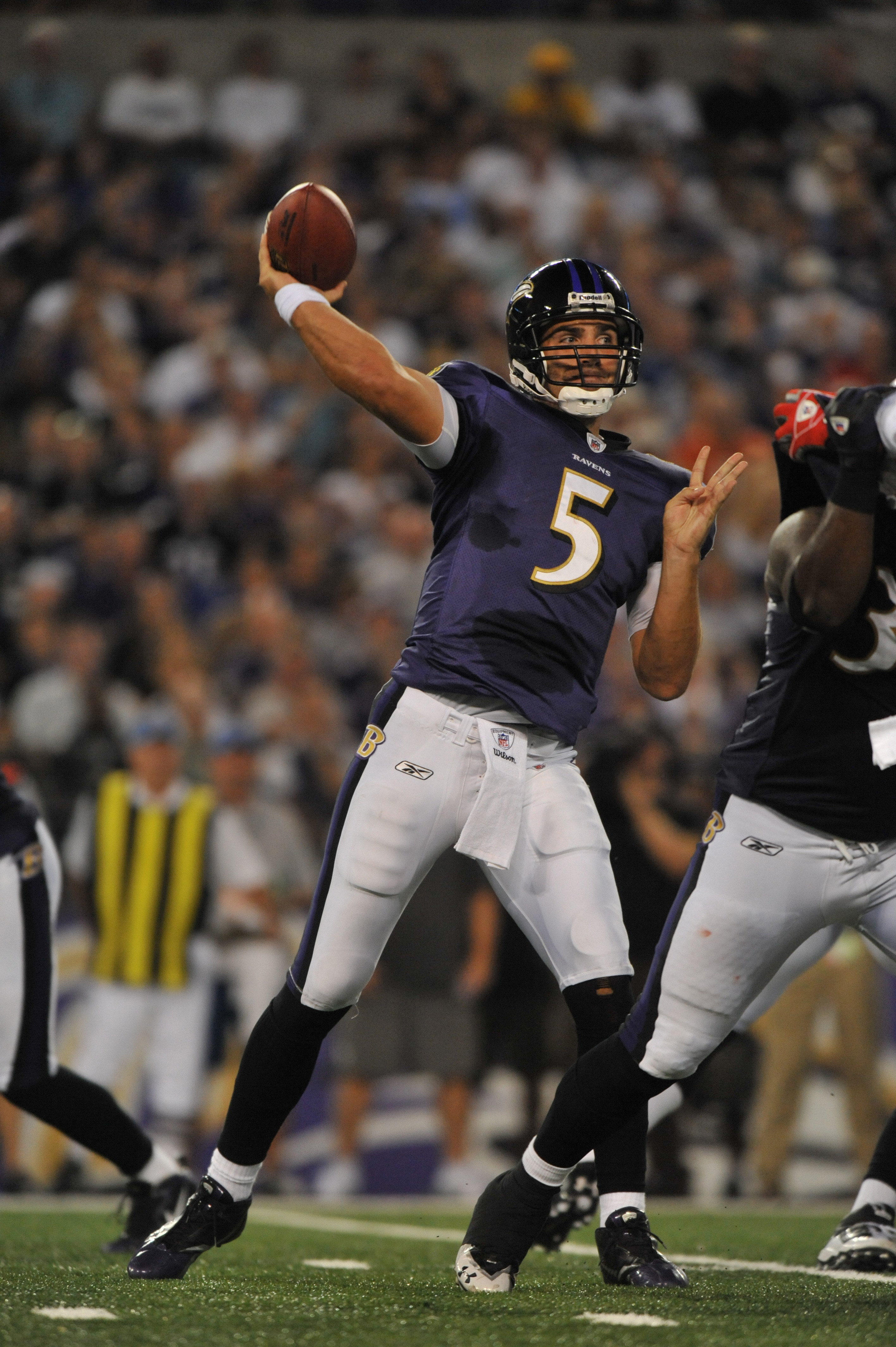 Baltimore Ravens Ray Lewis reacts with Joe Flacco after the game against  the New York Jets on Monday Night Football in week 1 of the NFL season at  New Meadowlands Stadium in