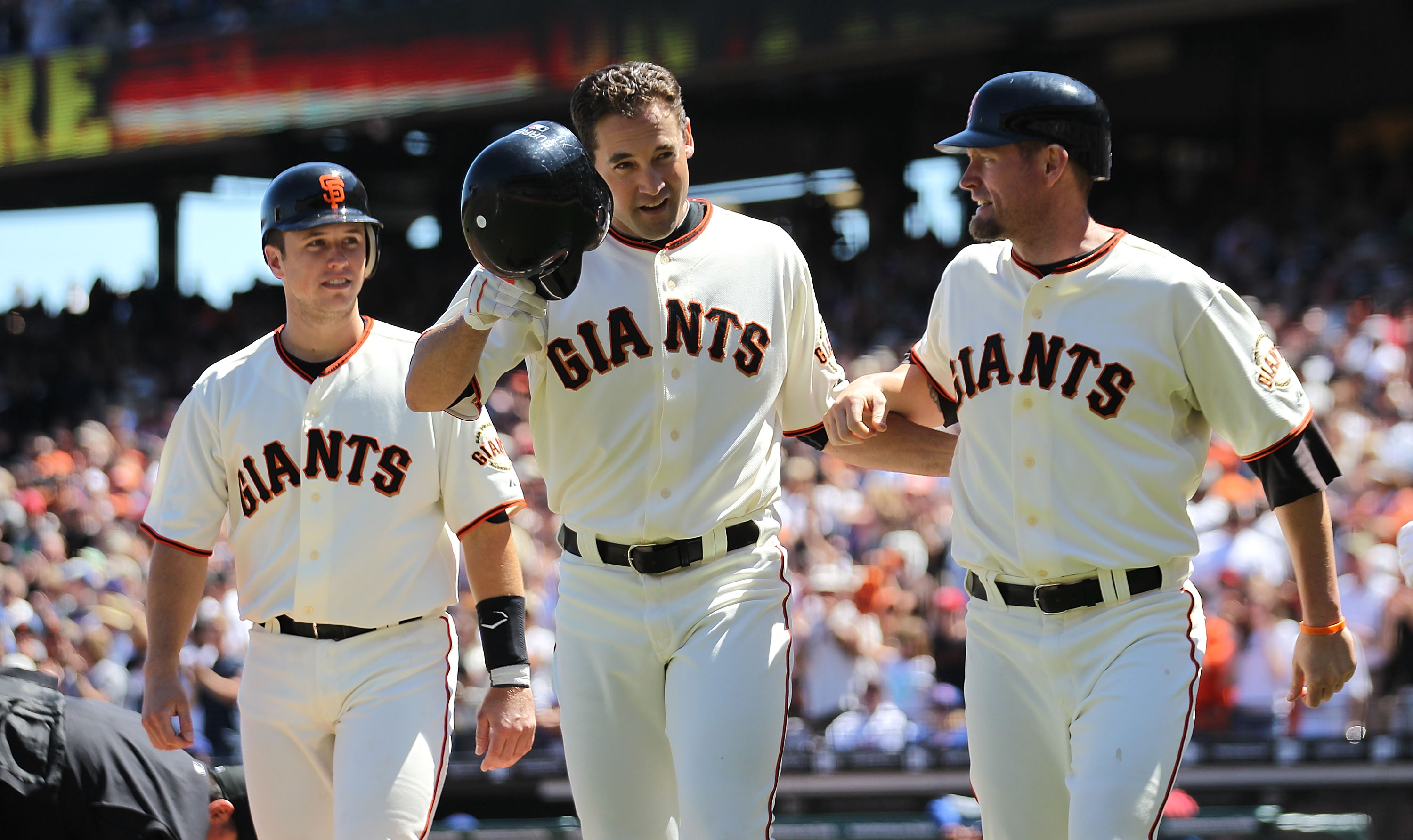 Buster Posey, Pat Burrell and Aubrey Huff