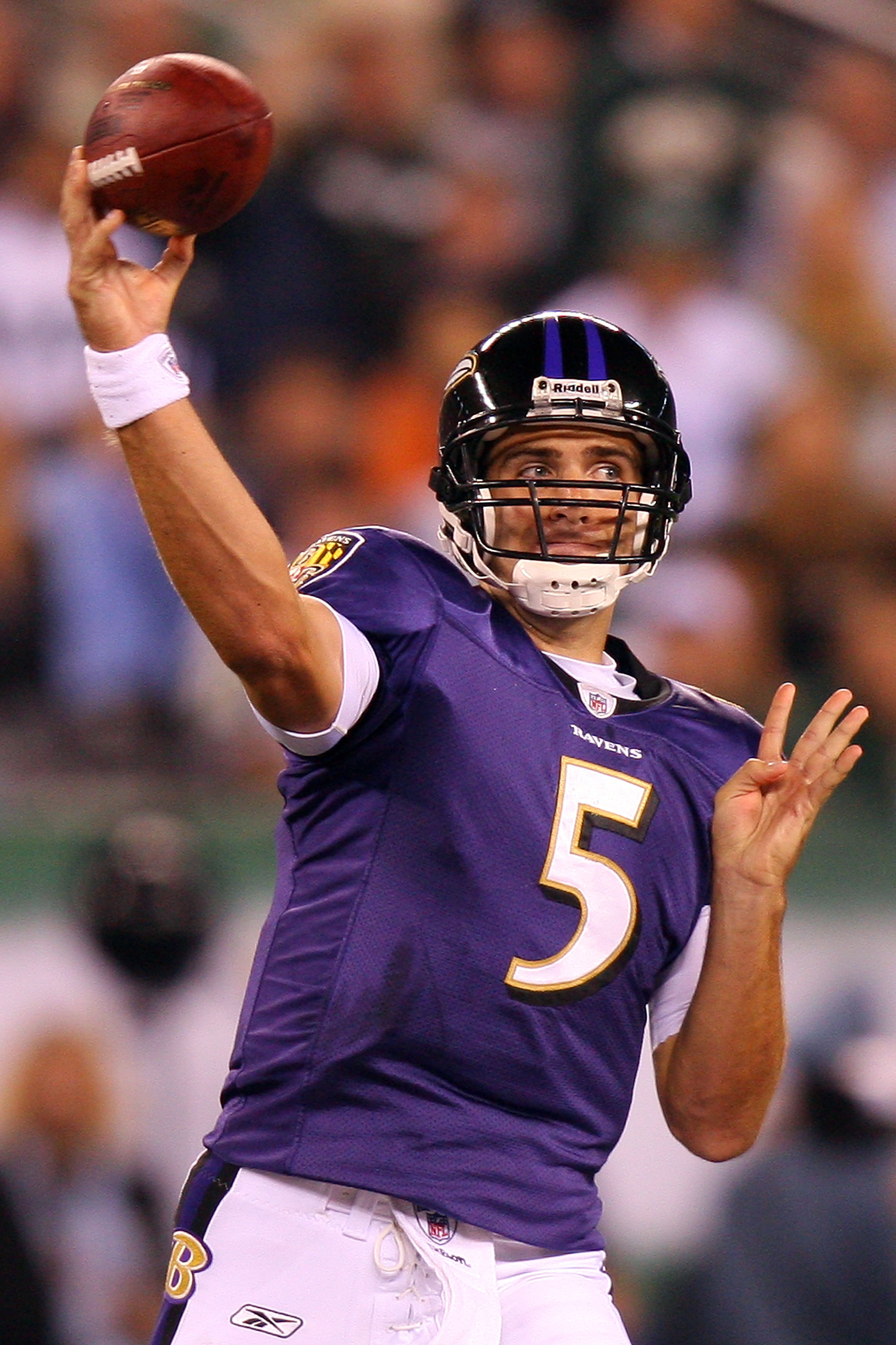 13 September 2010: Baltimore Ravens quarterback Joe Flacco (5) during the  second half of the Baltimore Ravens vs New York Jets game at the New  Meadowlands Stadium in East Rutherford, New Jersey The Ravens beat the Jets  10-9 (Icon Sportswire via