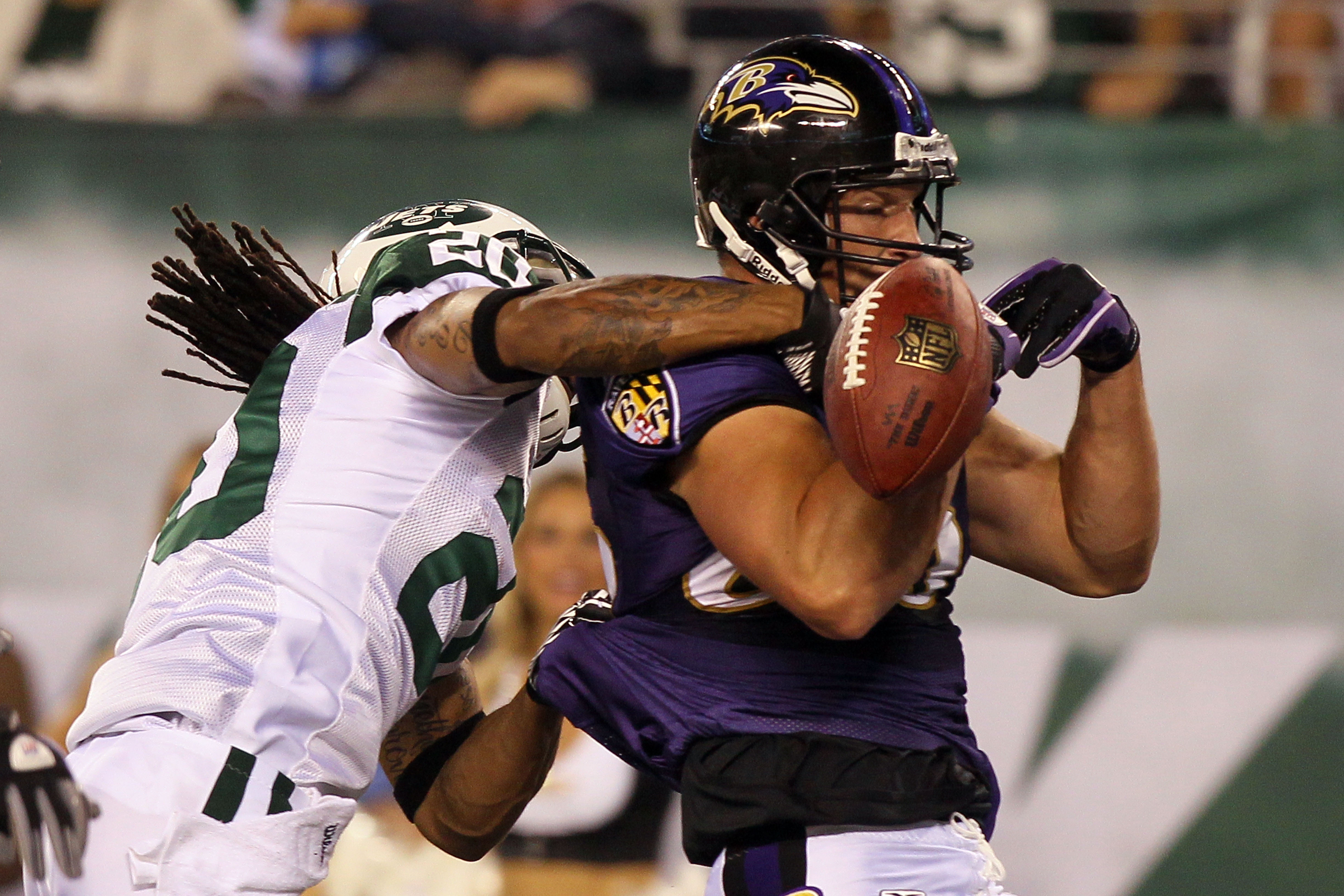 13 September 2010: Baltimore Ravens quarterback Joe Flacco (5) during the  second half of the Baltimore Ravens vs New York Jets game at the New  Meadowlands Stadium in East Rutherford, New Jersey