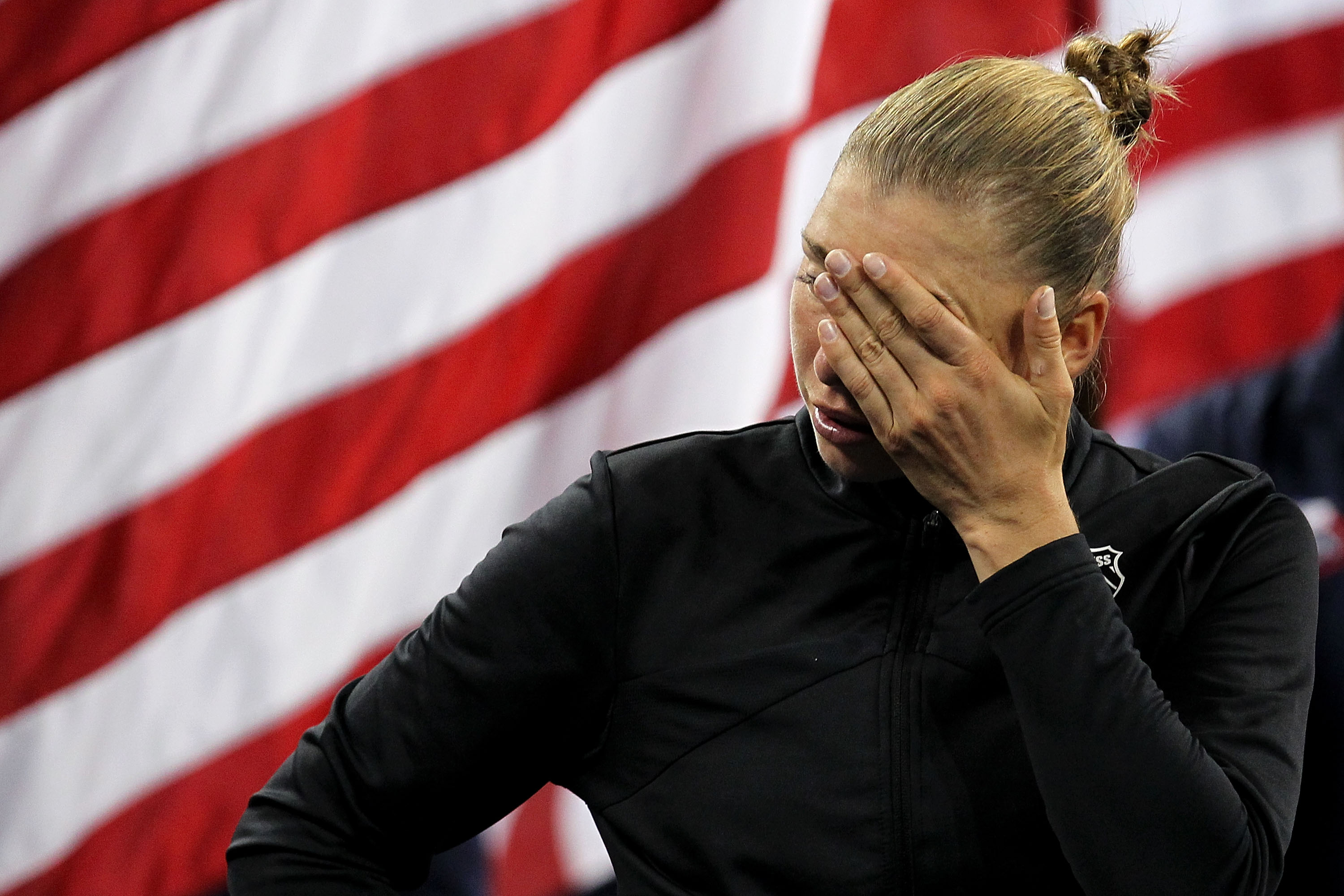 NEW YORK - SEPTEMBER 11:  Vera Zvonareva of Russia reacts during the trophy ceremony after being defeated by Kim Clijsters of Belgium during their women's singles final on day thirteen of the 2010 U.S. Open at the USTA Billie Jean King National Tennis Cen