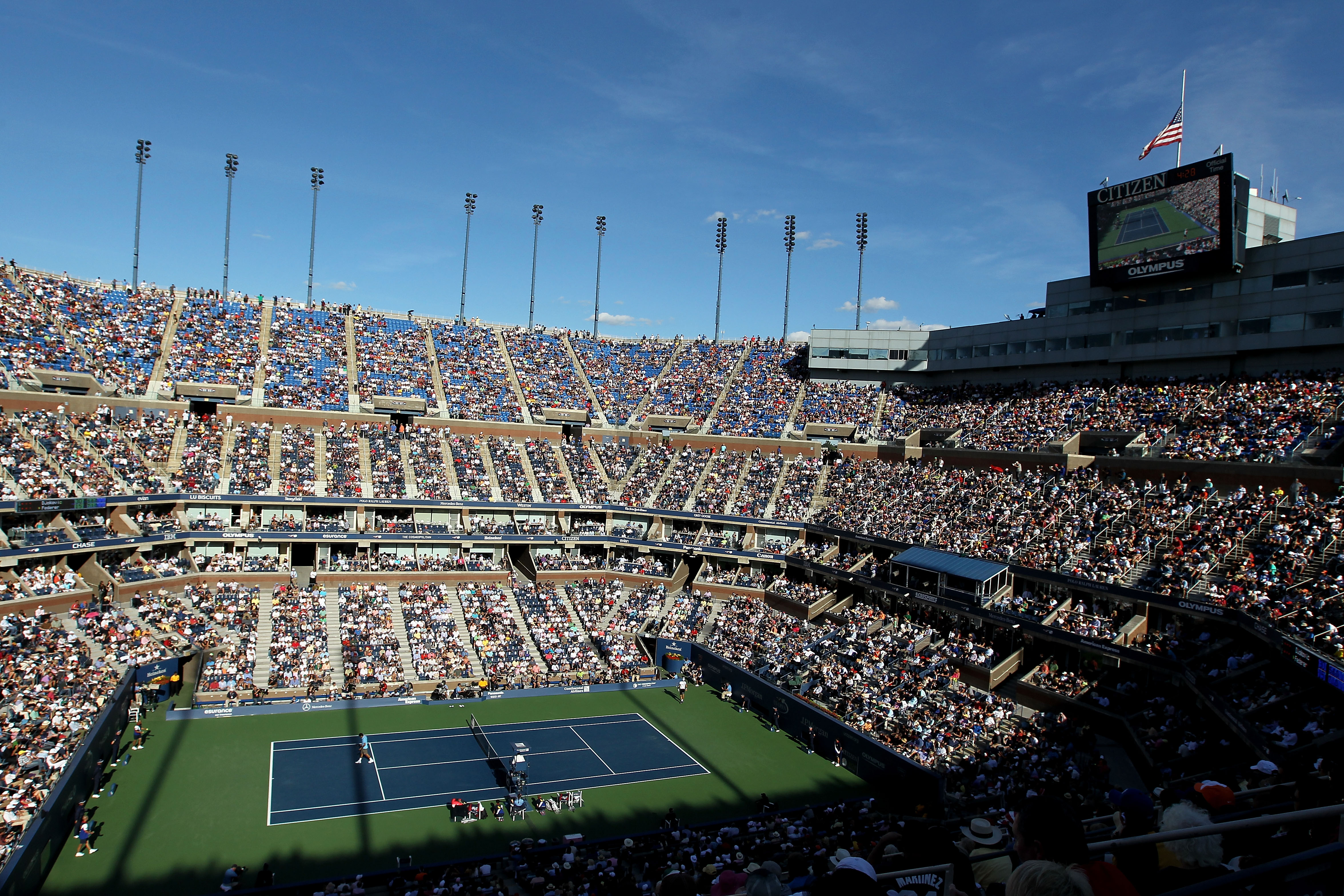 NEW YORK - SEPTEMBER 11:  A general view of Arthur Ashe Stadium is seen during the men's singles semifinal match between Roger Federer of Switzerland and Novak Djokovic of Serbia on day thirteen of the 2010 U.S. Open at the USTA Billie Jean King National