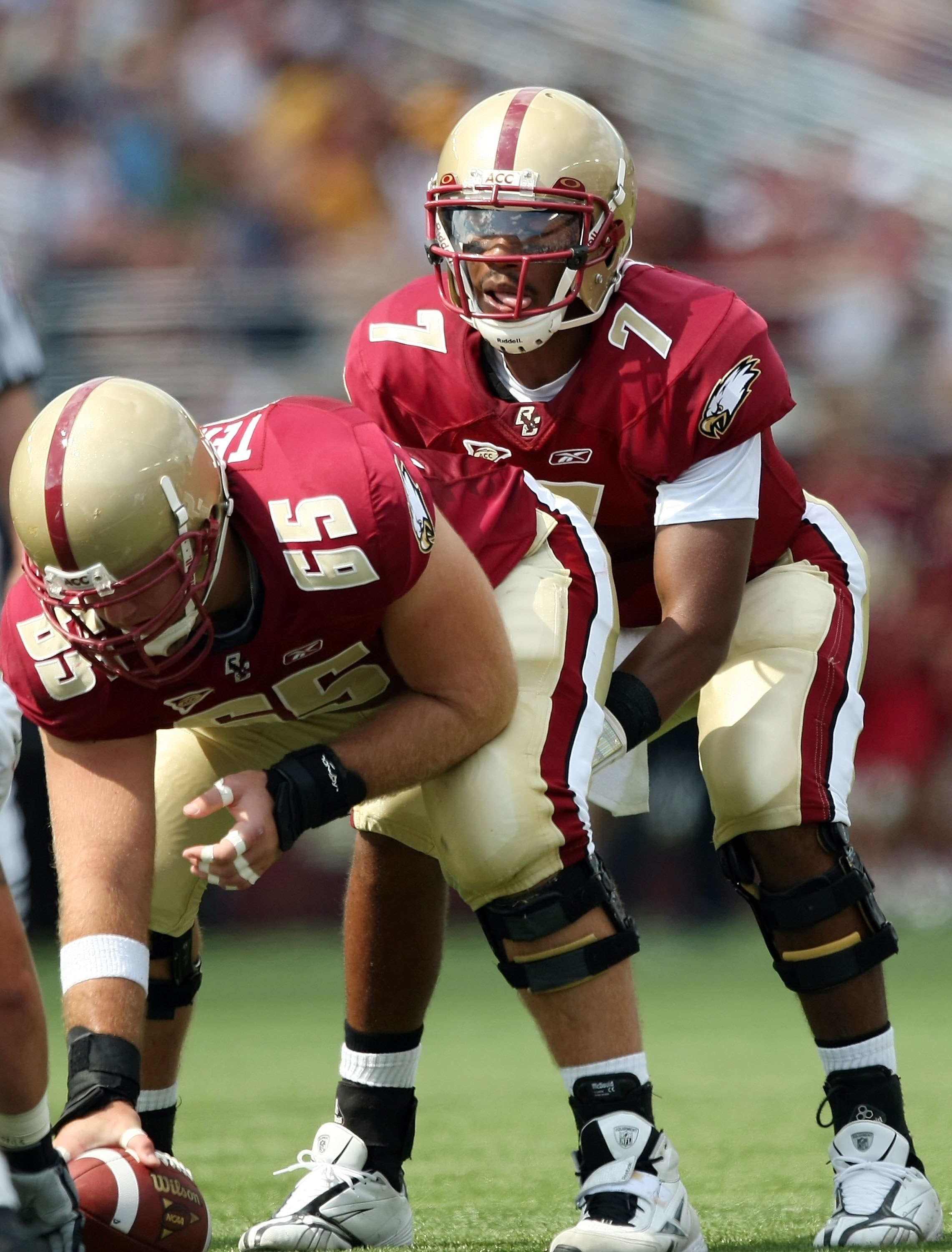 CHESTNUT HILL, MA - SEPTEMBER 05: Justin Tuggle #7 of the Boston College Eagles calls out the play as Matt Tennant #65 stands by in the first half against the Northeastern Huskies on September 5, 2009 at Alumni Stadium in Chestnut Hill, Massachusetts. (