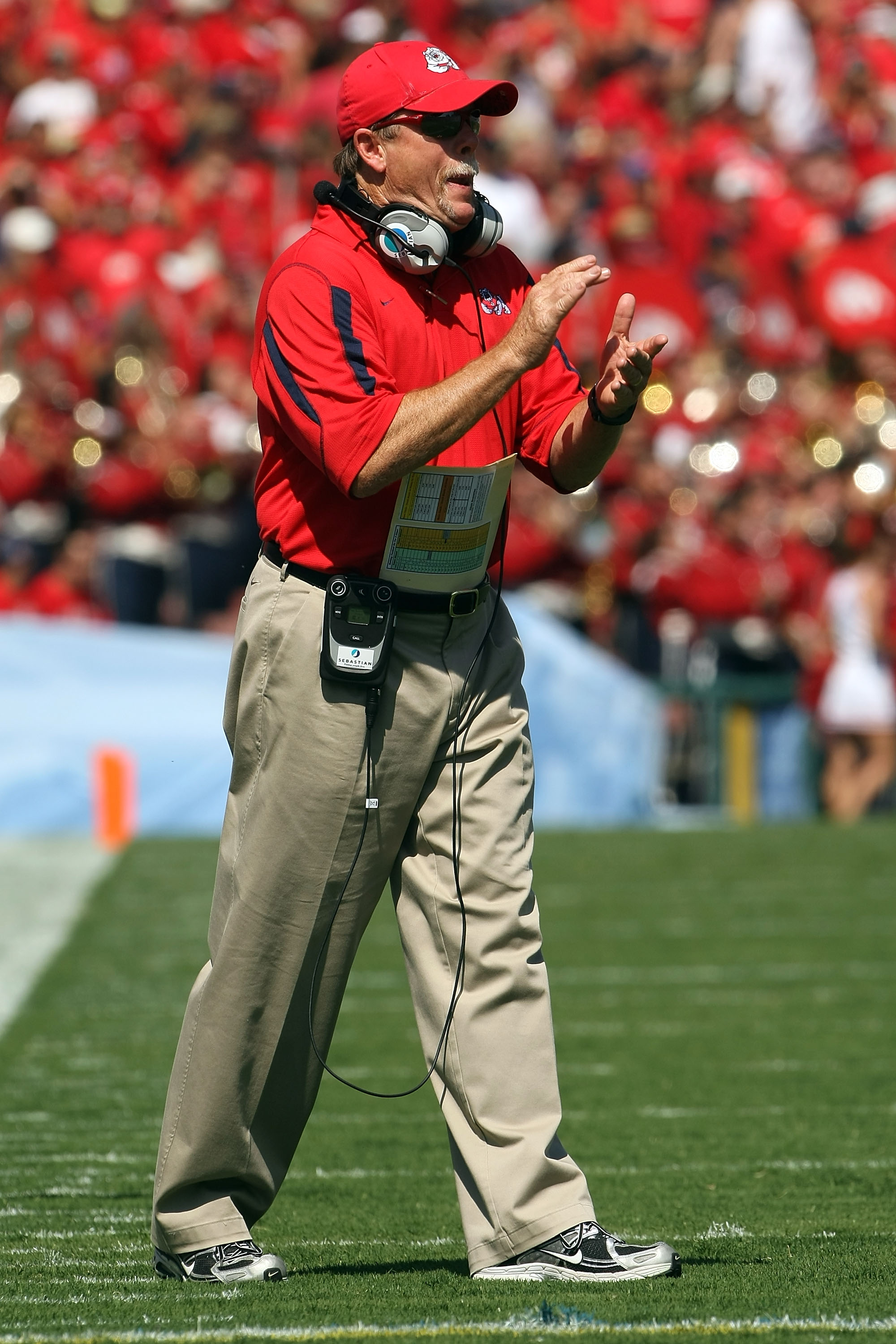 PASADENA, CA - SEPTEMBER 27: Head coach Pat Hill of the Frenso State Bulldogs claps on the sideline during the game against the UCLA Bruins on September 27, 2008 at the Rose Bowl in Pasadena, California. (Photo by Stephen Dunn/Getty Images)
