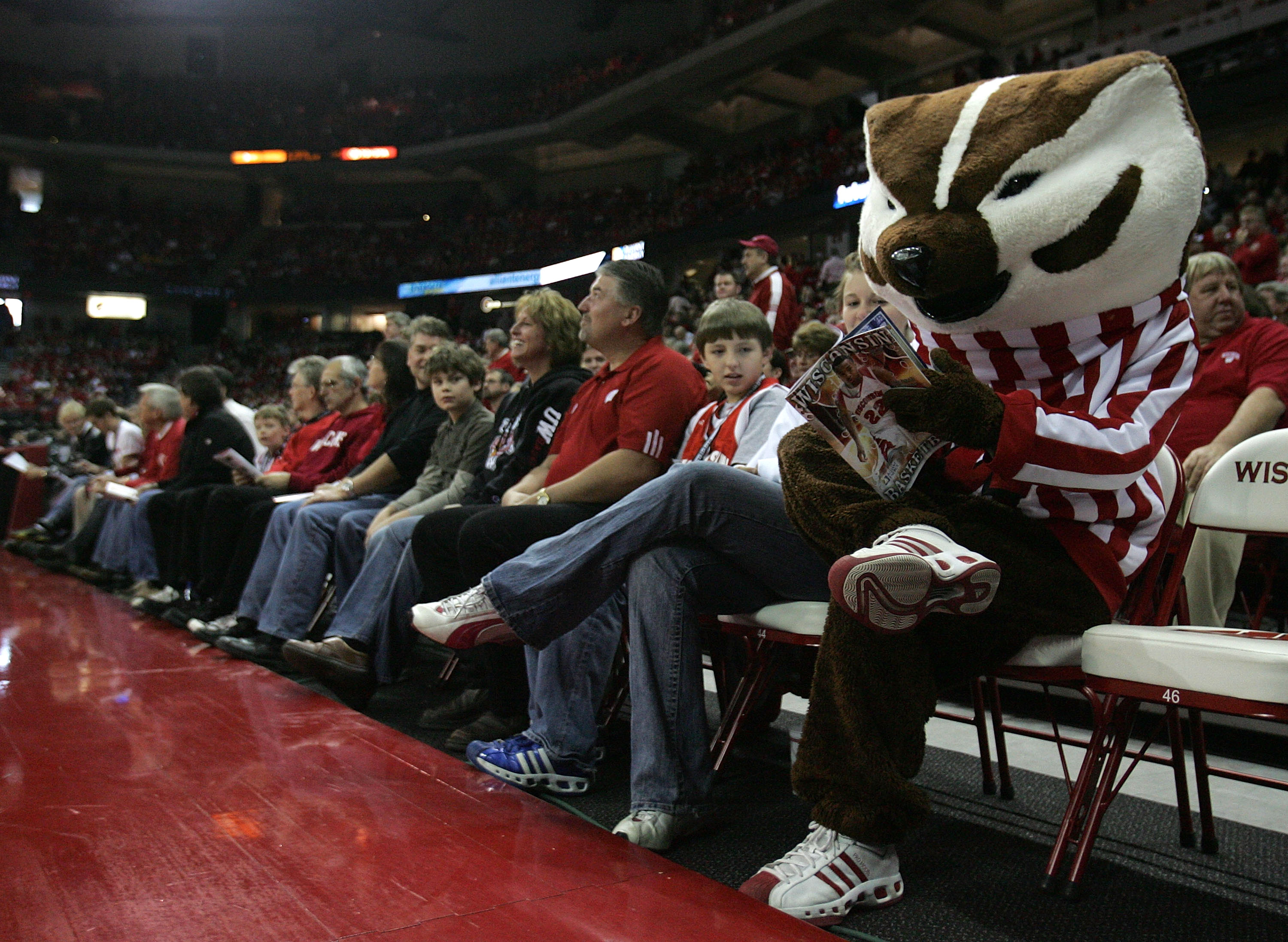 MADISON, WI - JANUARY 05: Bucky, the mascot of the Wisconsin Badgers, pretends to read a program while sitting courtside before a game between Wisconsin and the Iowa Hawkeyes on January 5, 2008 at the Kohl Center in Madison, Wisconsin. Wisconsin defeated