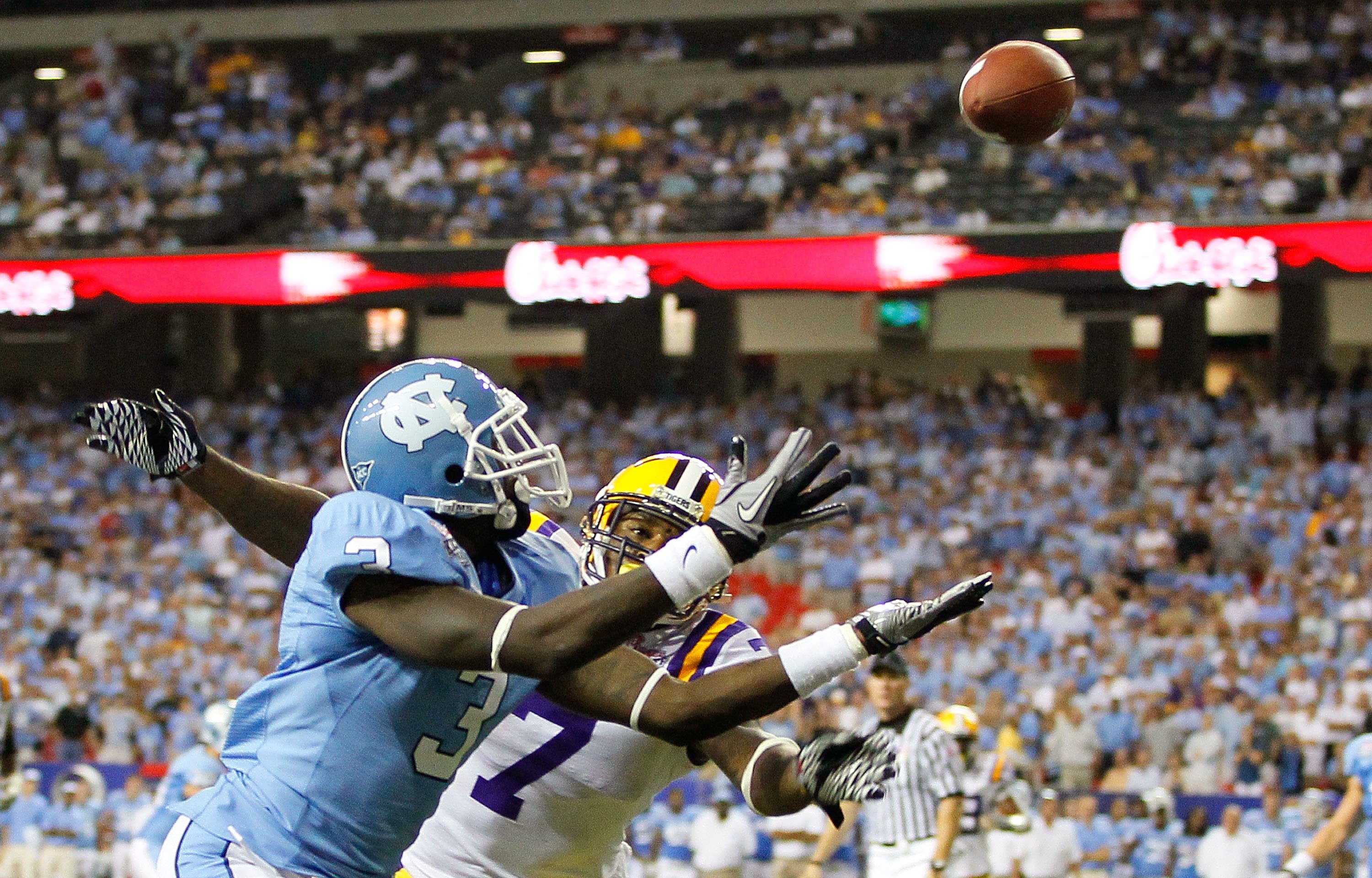 ATLANTA - SEPTEMBER 04: Patrick Peterson #7 of the LSU Tigers breaks up a touchdown reception to Joshua Adams #3 of the North Carolina Tar Heels in the final seconds of the Chick-fil-A Kickoff Game at Georgia Dome on September 4, 2010 in Atlanta, Georgia