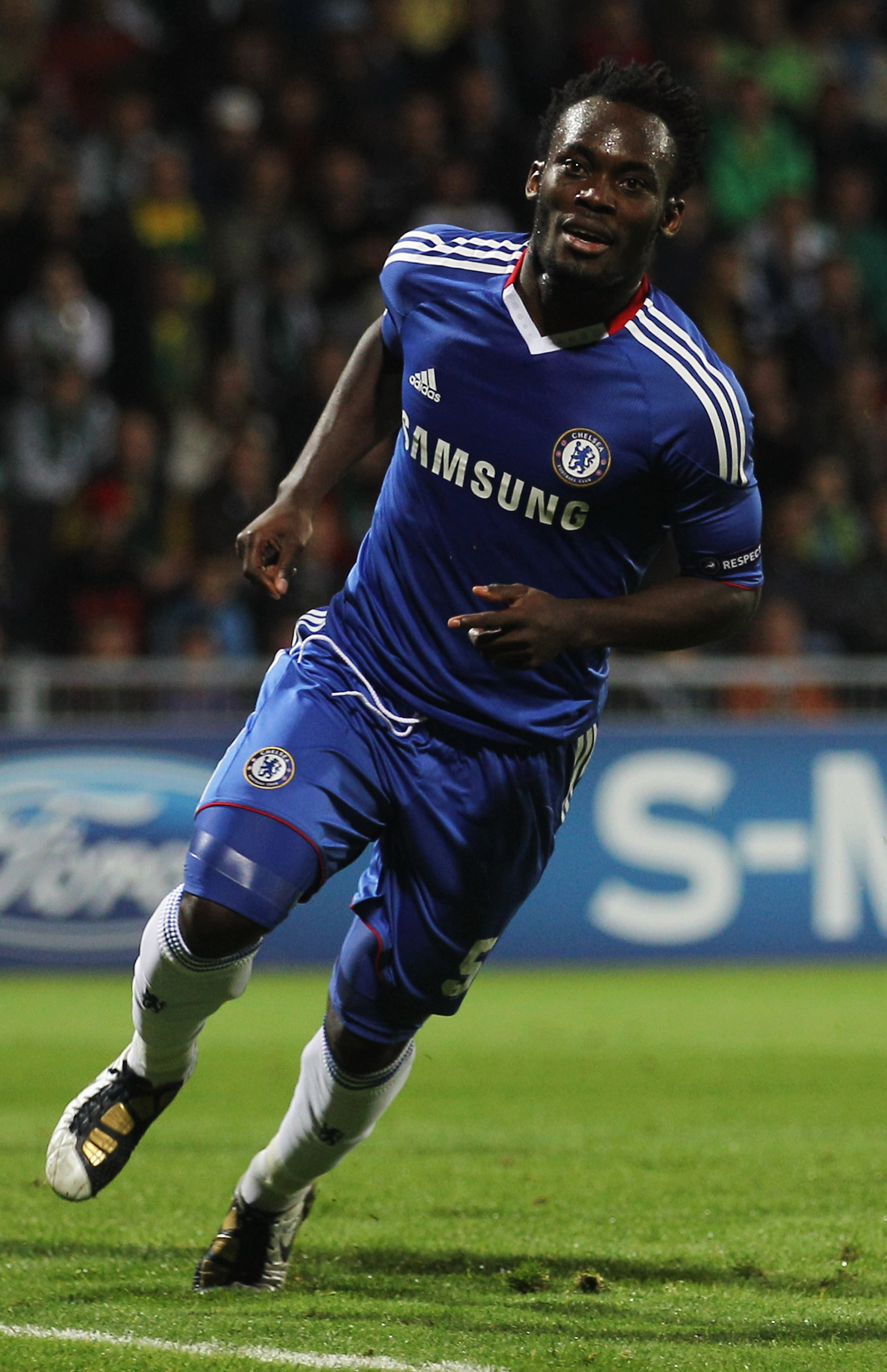 ZILINA, SLOVAKIA - SEPTEMBER 15:  Michael Essien of Chelsea celebrates as he scores their first goal during the UEFA Champions League Group F match between MSK Zilina and Chelsea at the Pod Dubnom Stadium on September 15, 2010 in Zilina, Slovakia.  (Photo