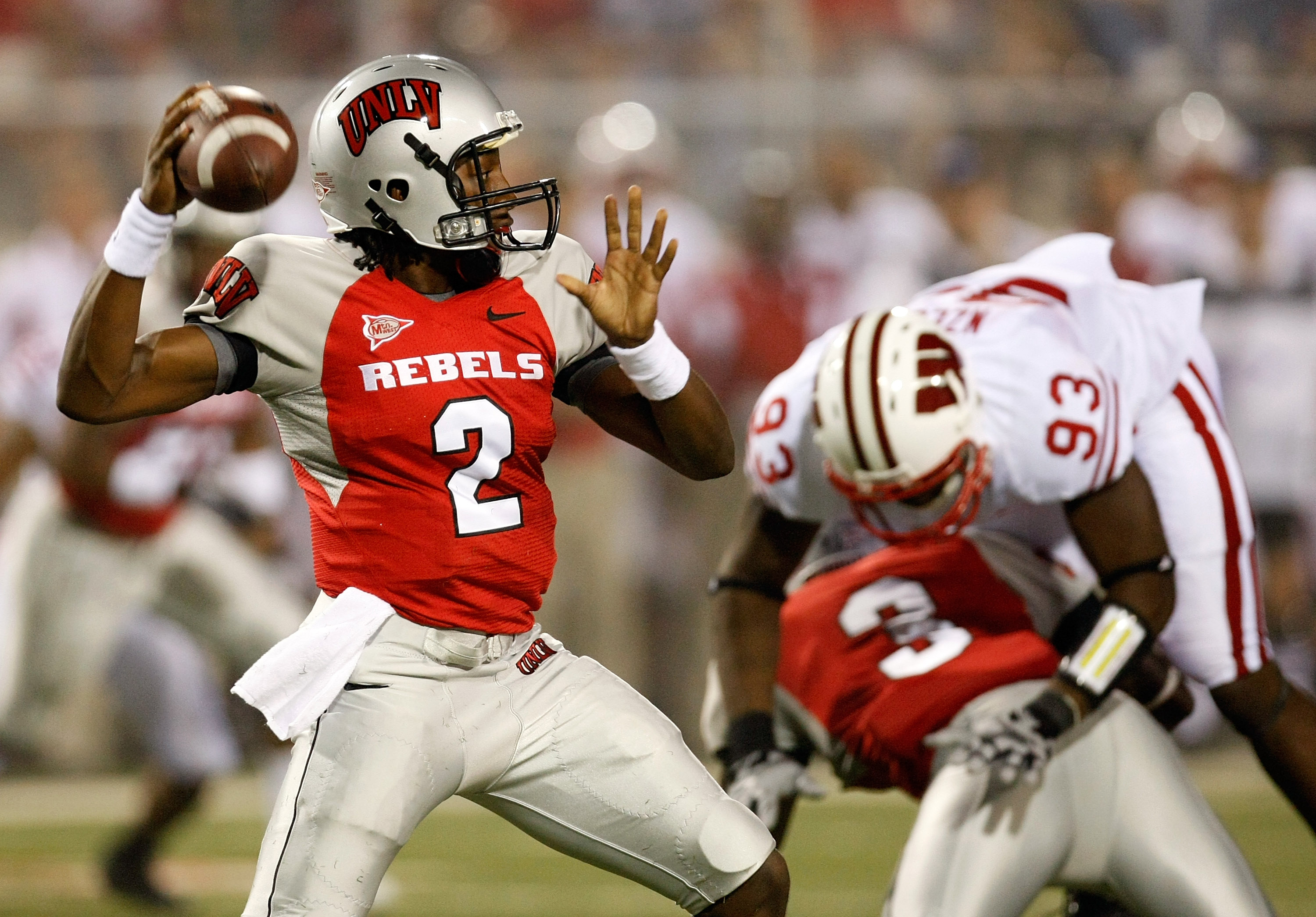LAS VEGAS - SEPTEMBER 04: Quarterback Omar Clayton #2 of the UNLV Rebels looks to pass against the Wisconsin Badgers during the third quarter of their game at Sam Boyd Stadium September 4, 2010 in Las Vegas, Nevada. Wisconsin won 41-21. (Photo by Ethan