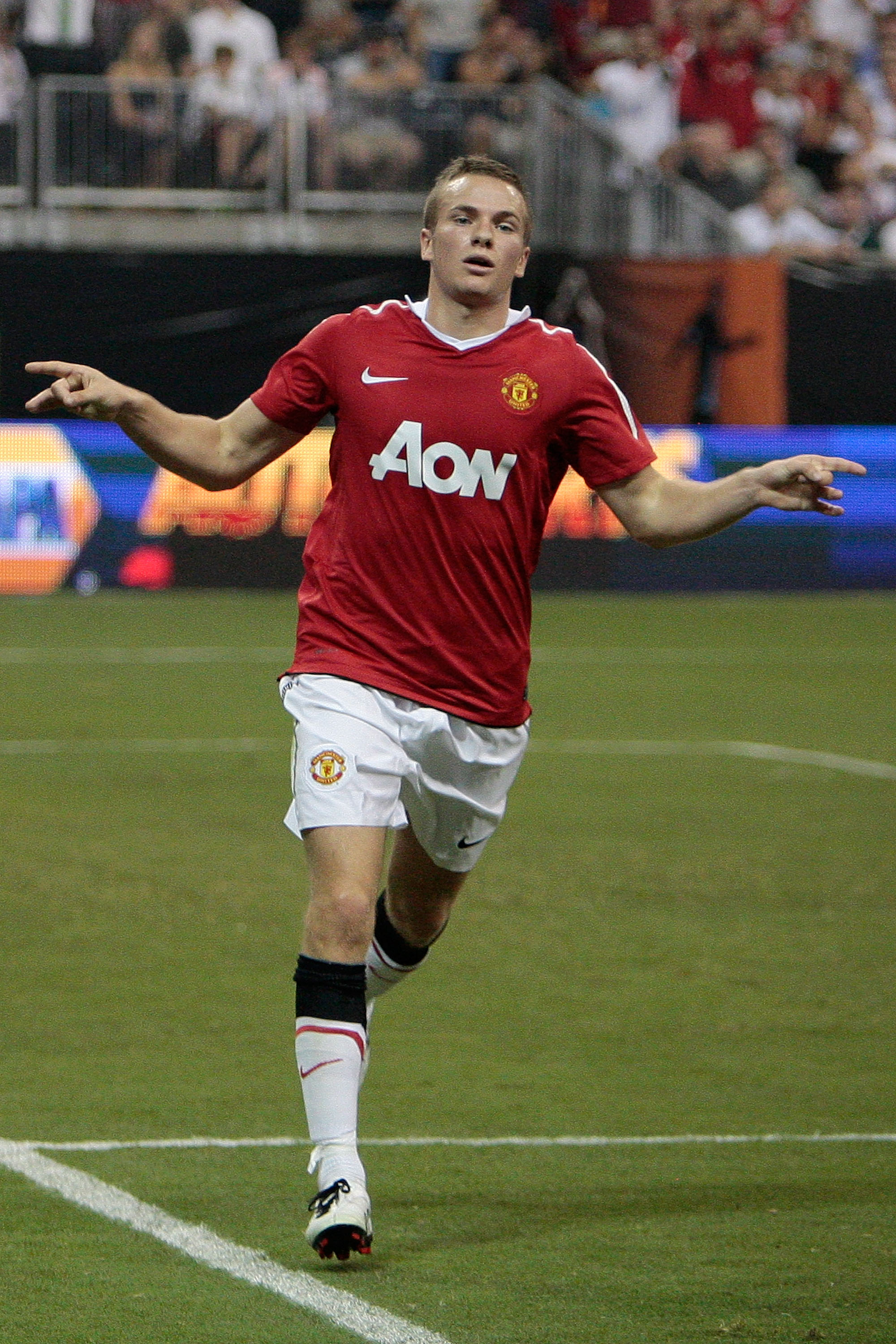 HOUSTON - JULY 28: Tom Cleverley #35 of Manchester United celebrates a goal in the second half of the MLS All Star Game at Reliant Stadium on July 28, 2010 in Houston, Texas. (Photo by Bob Levey/Getty Images)
