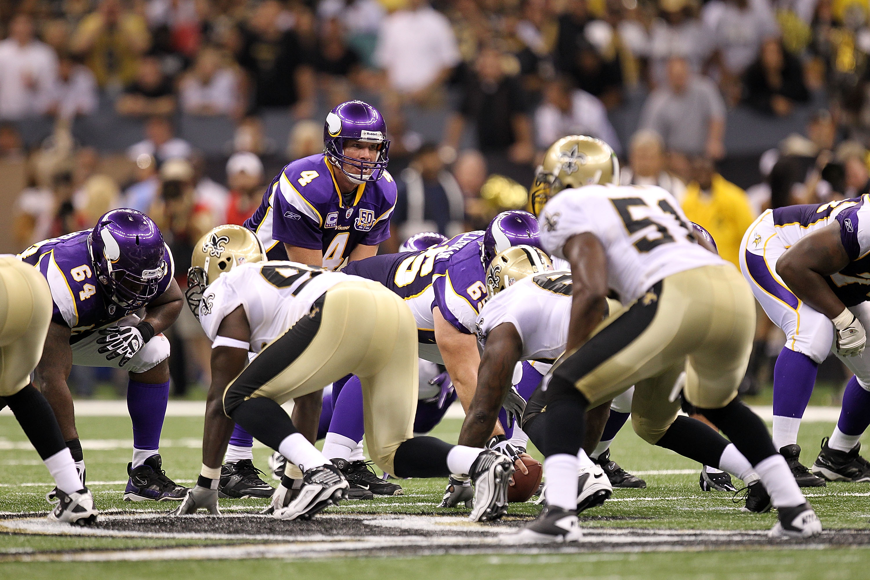 NEW ORLEANS - SEPTEMBER 09: Quarterback Brett Favre #4 of the Minnesota Vikings at Louisiana Superdome on September 9, 2010 in New Orleans, Louisiana. (Photo by Ronald Martinez/Getty Images)