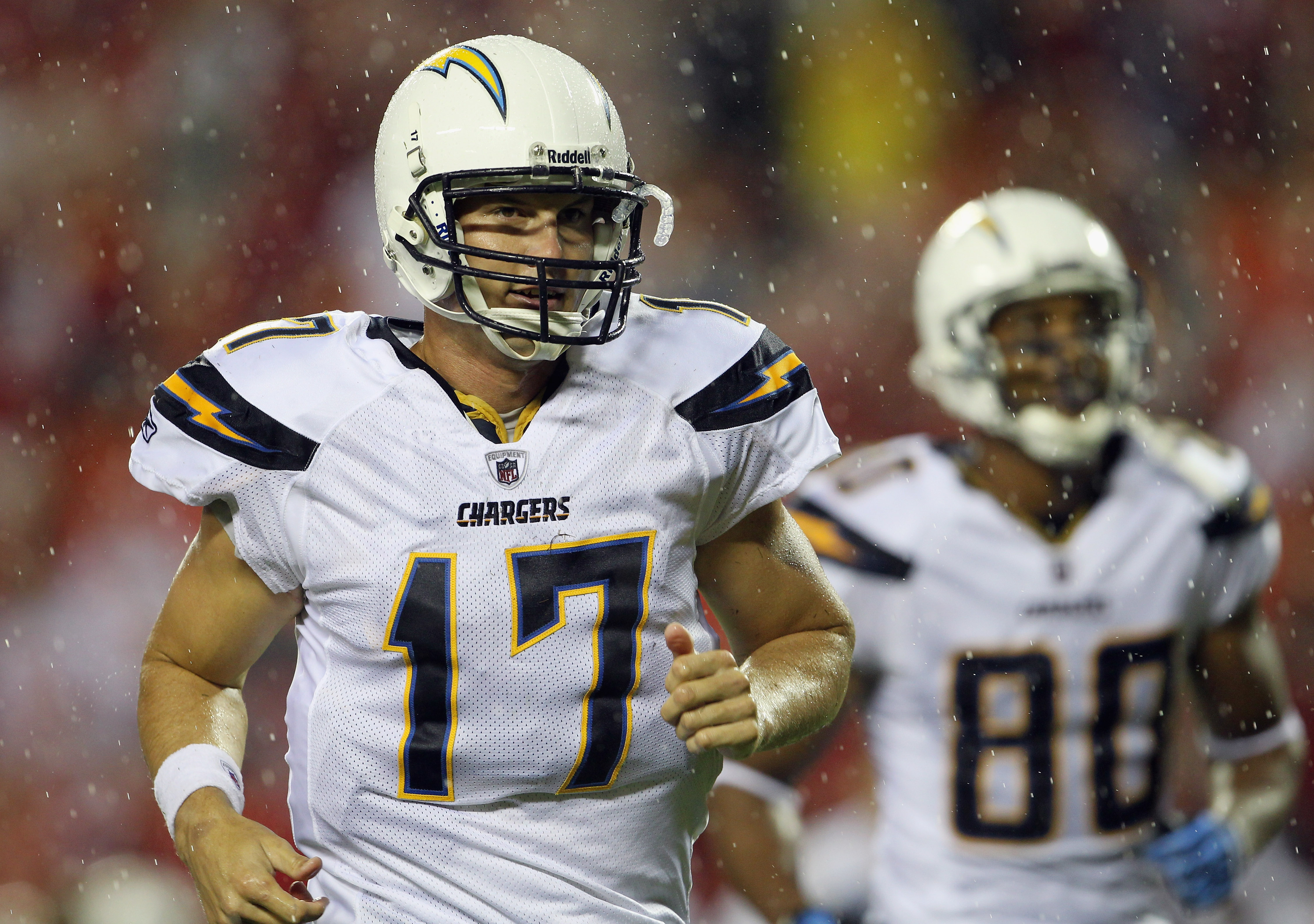 KANSAS CITY, MO - SEPTEMBER 13:  Quarterback Philip Rivers #17 of the San Diego Chargers walks off the field at halftime in the rain during the game against the Kansas City Chiefs on September 13, 2010 at Arrowhead Stadium in Kansas City, Missouri.  (Phot