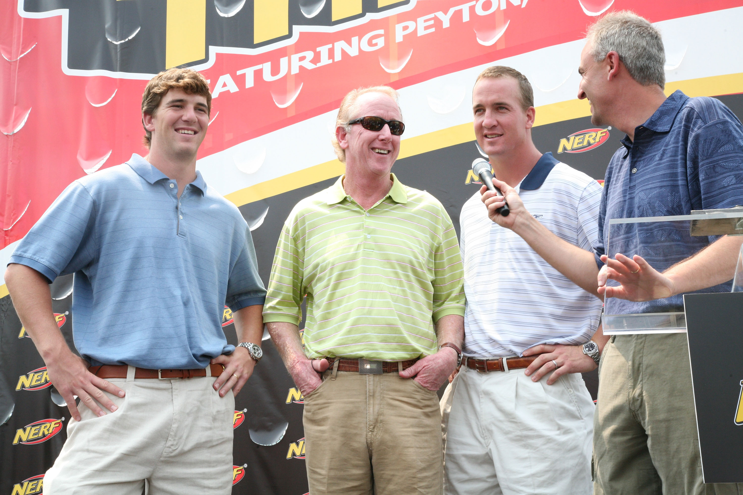 NEW YORK - JUNE 14:  (L-R) Archie Manning, New York Giants quarterback Eli Manning and Indianapolis Colts quarterback Peyton Manning attends the NERF Father's Day Football Throwdown on June 14, 2008 at Chelsea Piers in New York.  (Photo by Astrid Stawiarz
