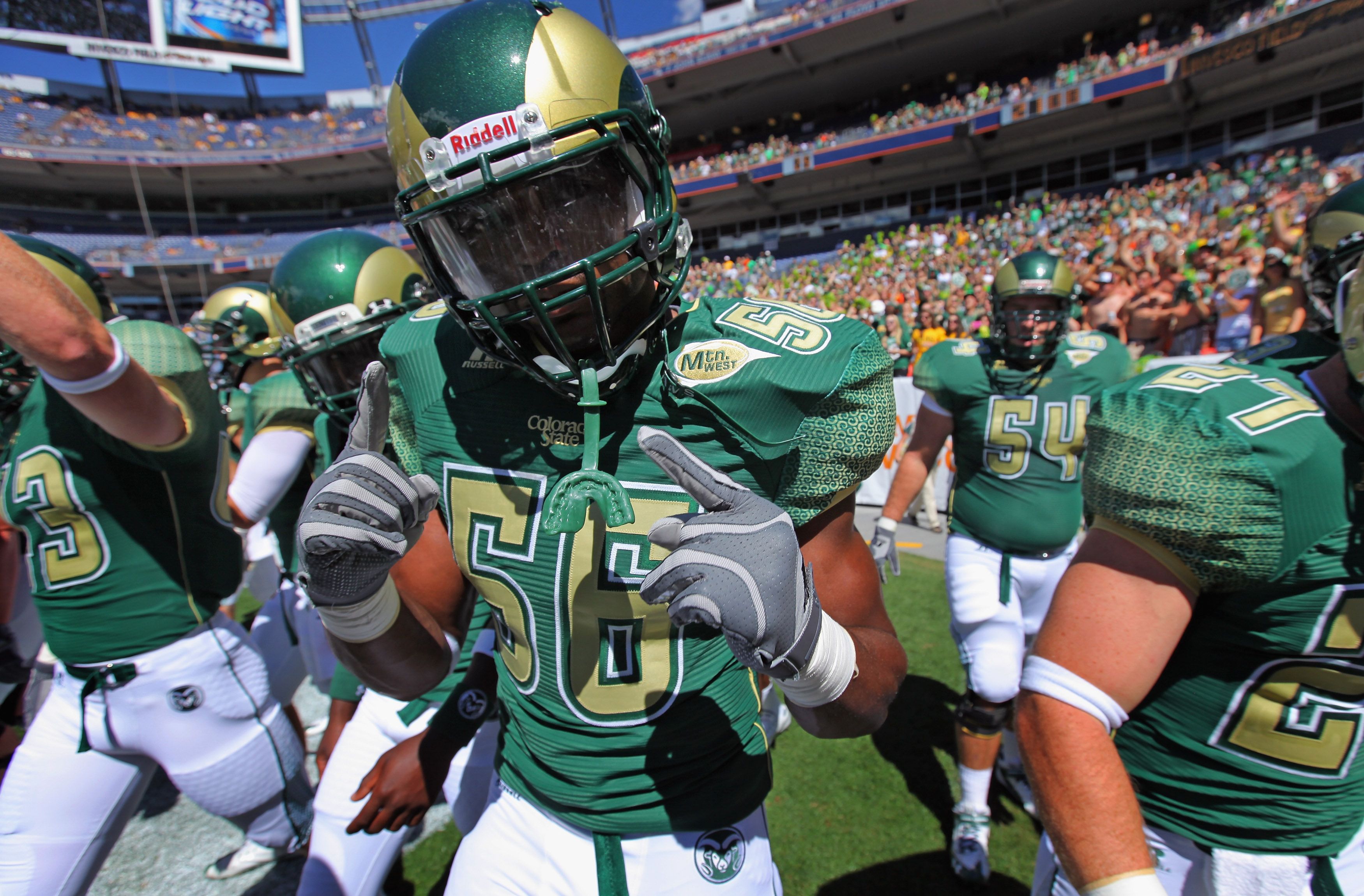 DENVER - SEPTEMBER 04: Linebacker Ricky Brewer #56 of the Colorado State Rams is prepared to face the Colorado Buffaloes during the Rocky Mountain Showdown at INVESCO Field at Mile High on September 4, 2010 in Denver, Colorado. Colorado was awarded the C