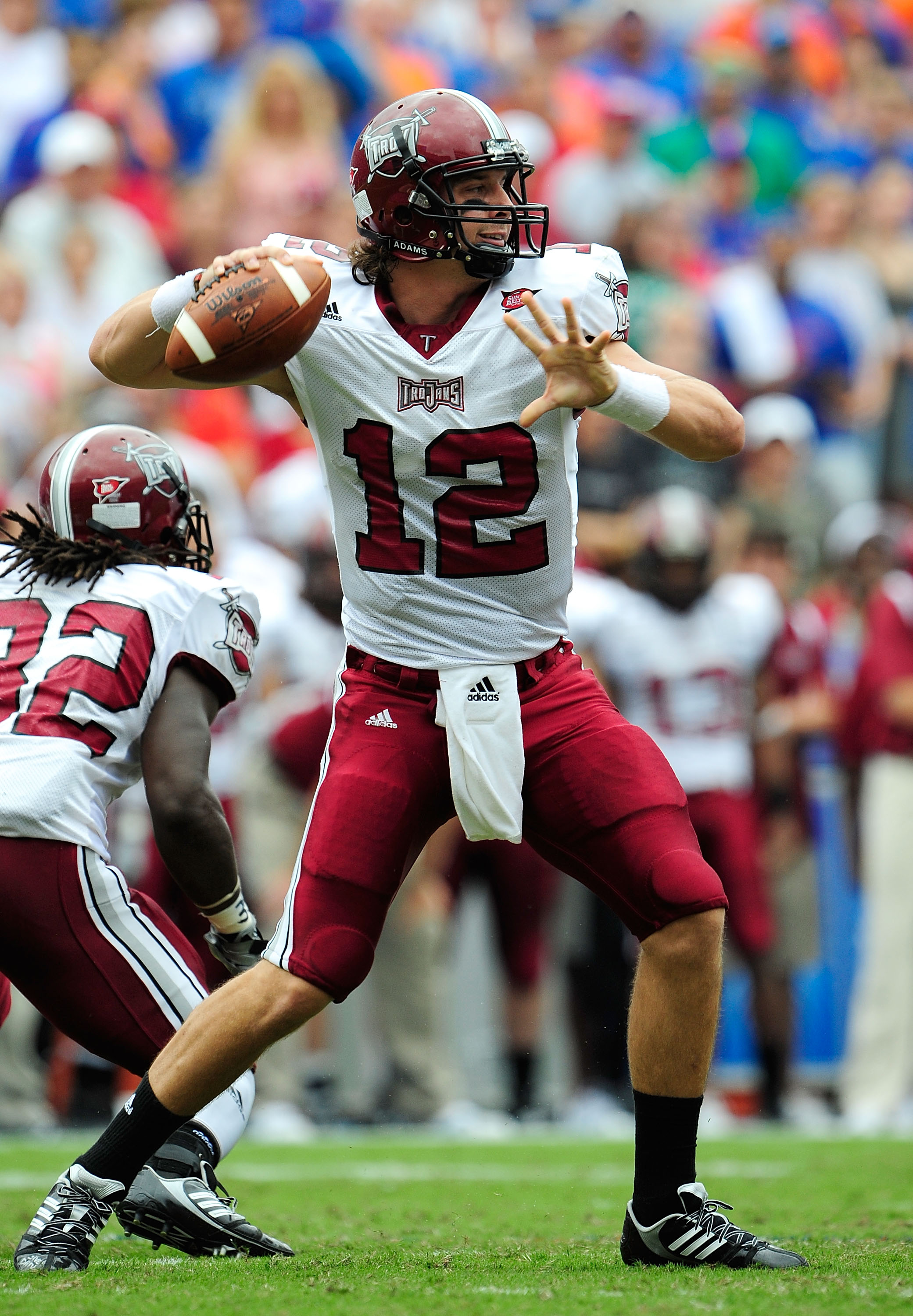 GAINESVILLE, FL - SEPTEMBER 12: Levi Brown #12 of the Troy Trojans attempts a pass during the game against the Florida Gators at Ben Hill Griffin Stadium on September 12, 2009 in Gainesville, Florida. (Photo by Sam Greenwood/Getty Images)