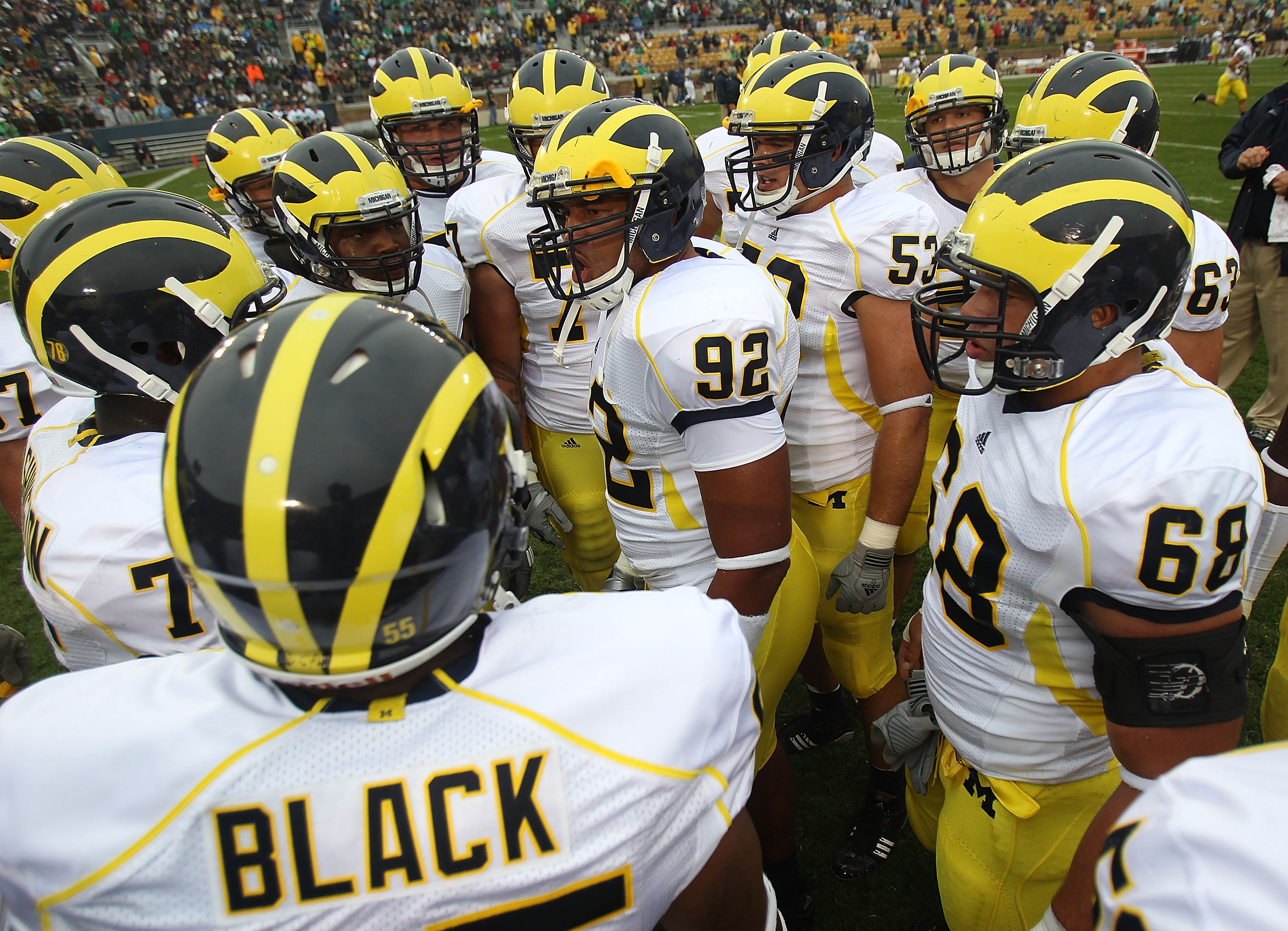 SOUTH BEND, IN - SEPTEMBER 11: Greg Banks #92 of the Michigan Wolverines fires up his teammates during warm-ups before a game against the Notre Dame Fighting Irish at Notre Dame Stadium on September 11, 2010 in South Bend, Indiana. Michigan defeated Notre