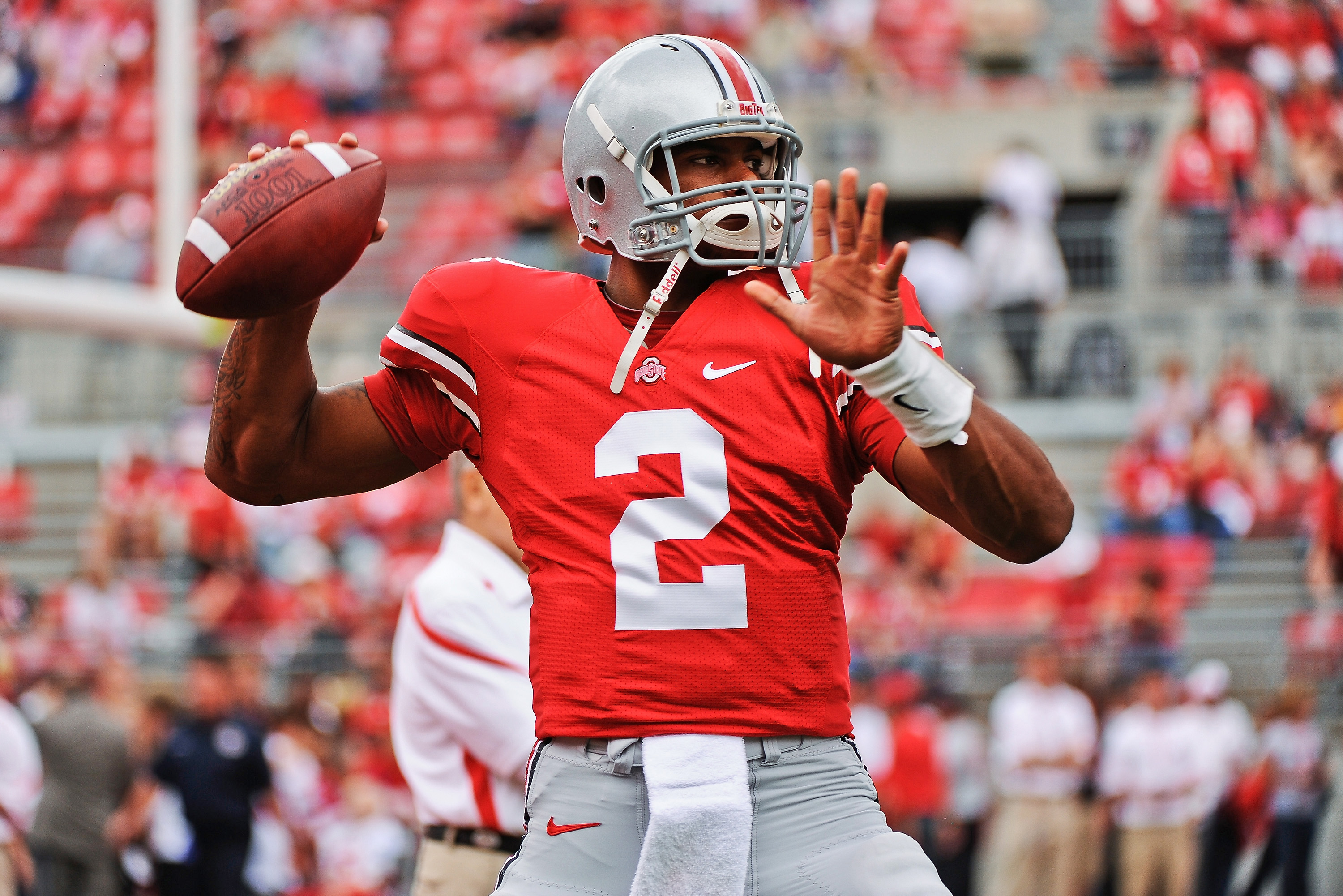 COLUMBUS, OH - SEPTEMBER 11: Quarterback Terrelle Pryor #2 of the Ohio State Buckeyes warms up before a game against the Miami Hurricanes at Ohio Stadium on September 11, 2010 in Columbus, Ohio. (Photo by Jamie Sabau/Getty Images)
