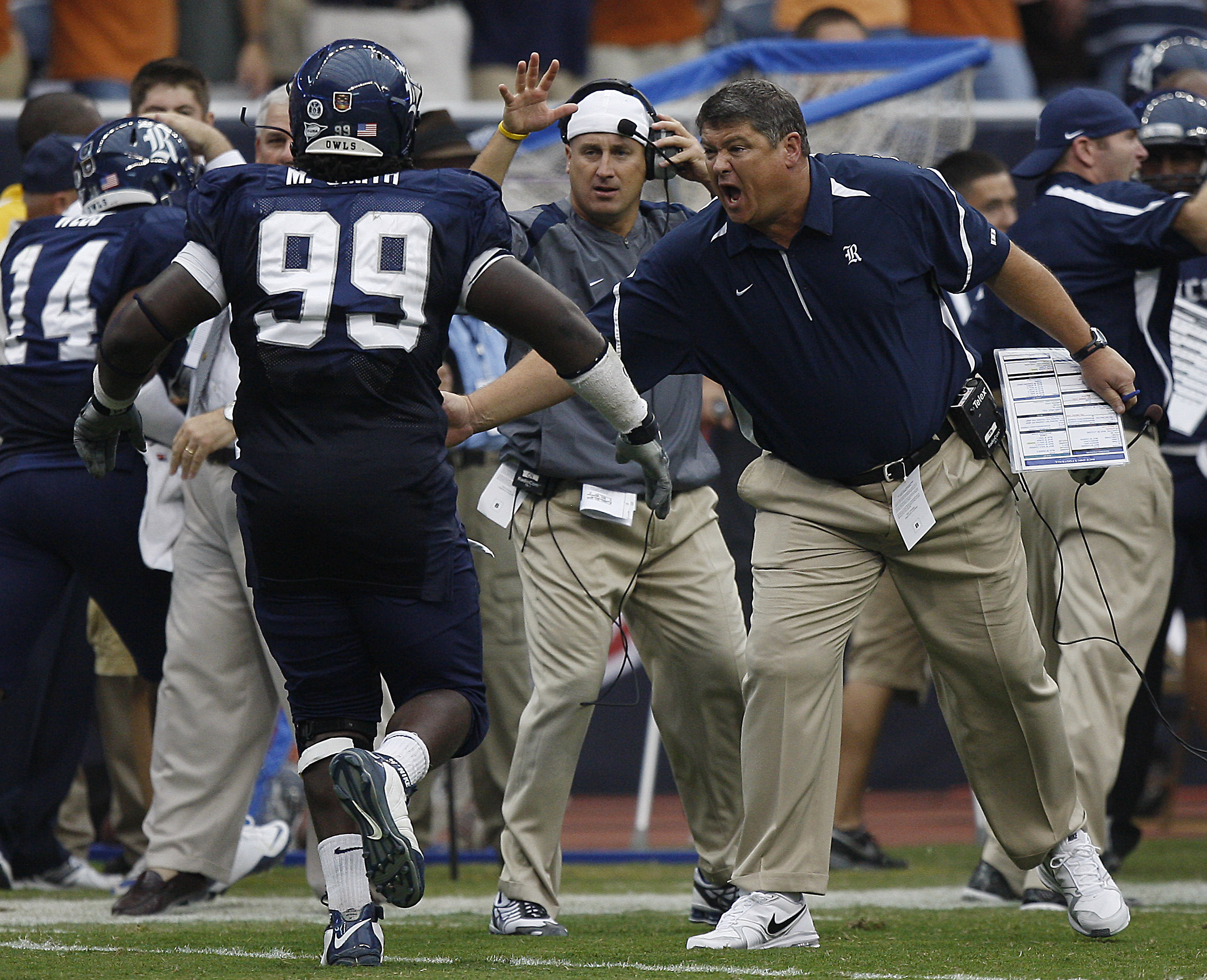HOUSTON - SEPTEMBER 04: Head coach David Bailiff of the Rice Owls during game action against the Texas Longhorns at Reliant Stadium on September 4, 2010 in Houston, Texas. Texas won 34-17. (Photo by Bob Levey/Getty Images)