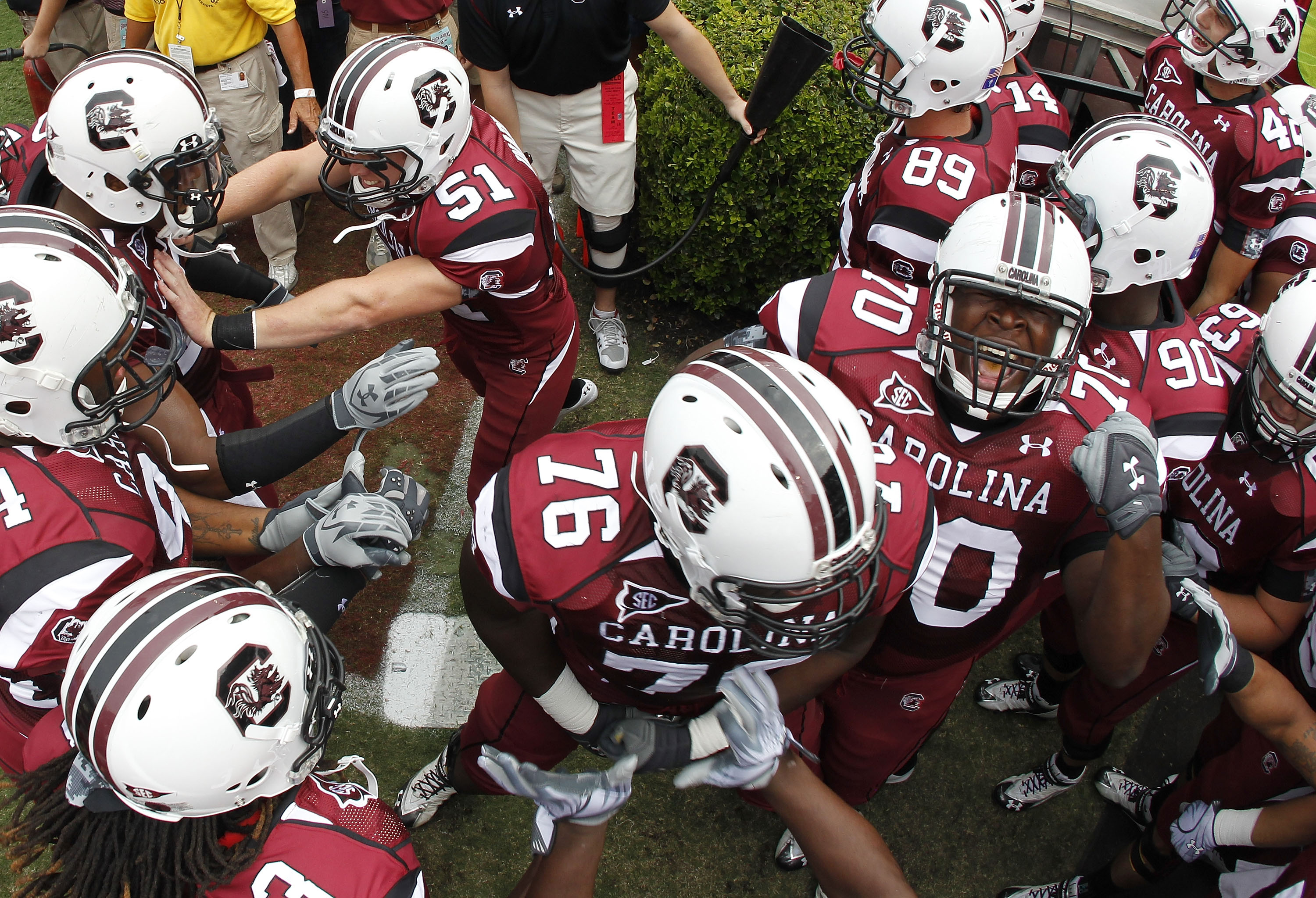 COLUMBIA, SC - SEPTEMBER 11: Overhead shot of the South Carolina Gamecocks getting mentally ready prior to introductions before the game against the Georgia Bulldogs at Williams-Brice Stadium on September 11, 2010 in Columbia, South Carolina. The Gamecock