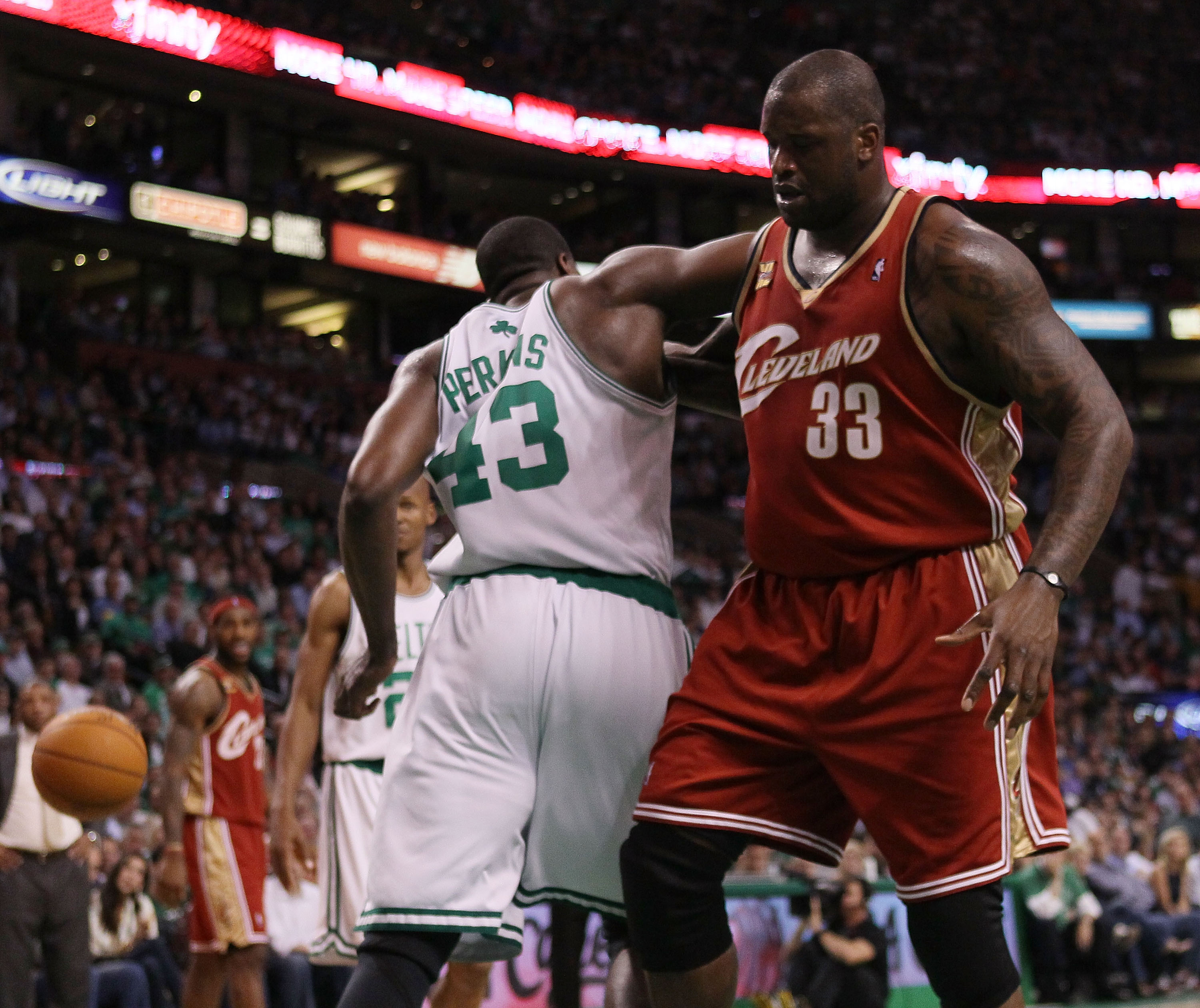 Kendrick Perkins of the Boston Celtics prepares to shoot a free