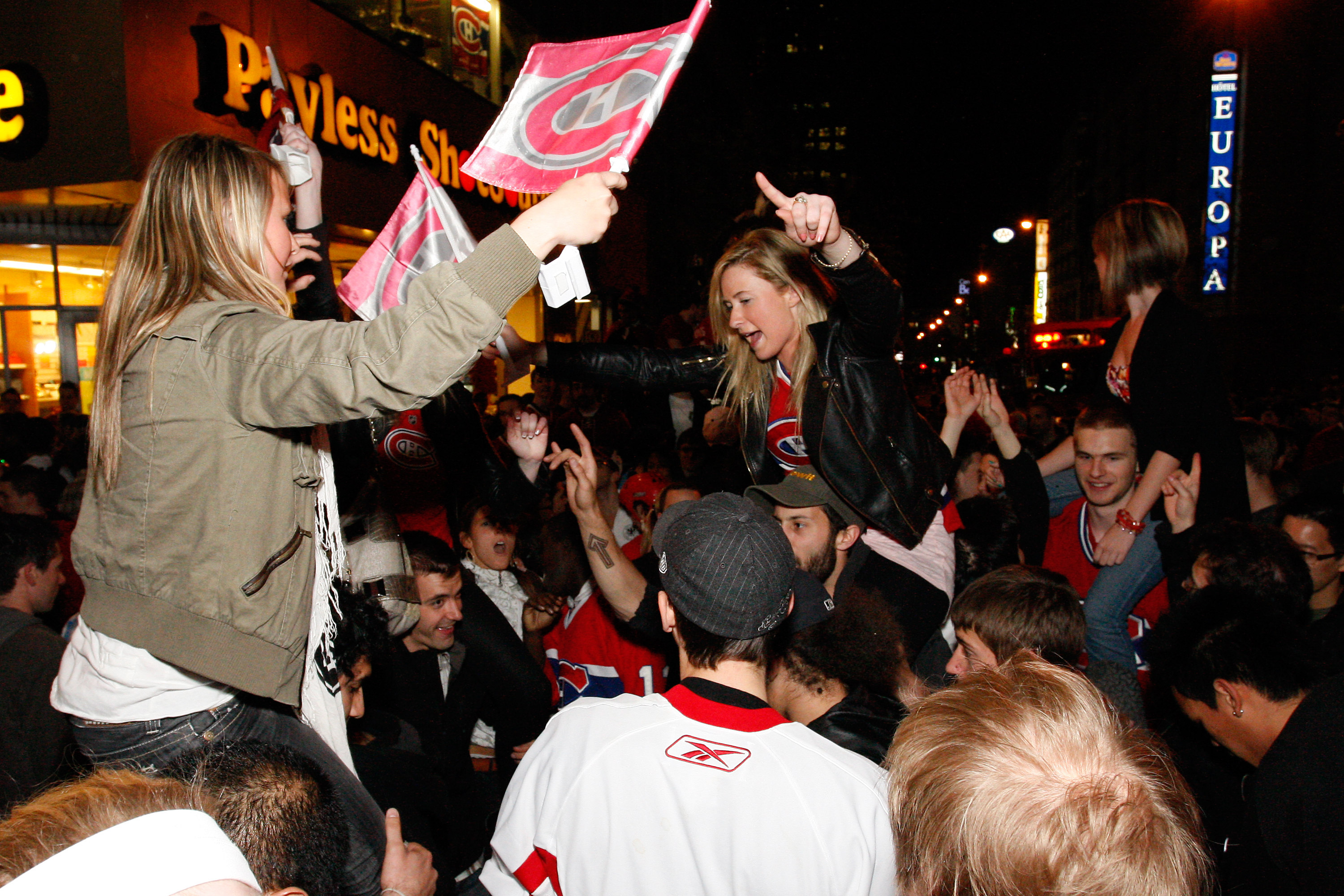 MONTREAL- MAY 12:   Fans celebrate the Montreal Canadiens defeating the Pittsburgh Penguins in Game Seven of the Eastern Conference Semifinals during the 2010 NHL Stanley Cup Playoffs at the Bell Centre on May 12, 2010 in Montreal, Quebec, Canada.  The Ca