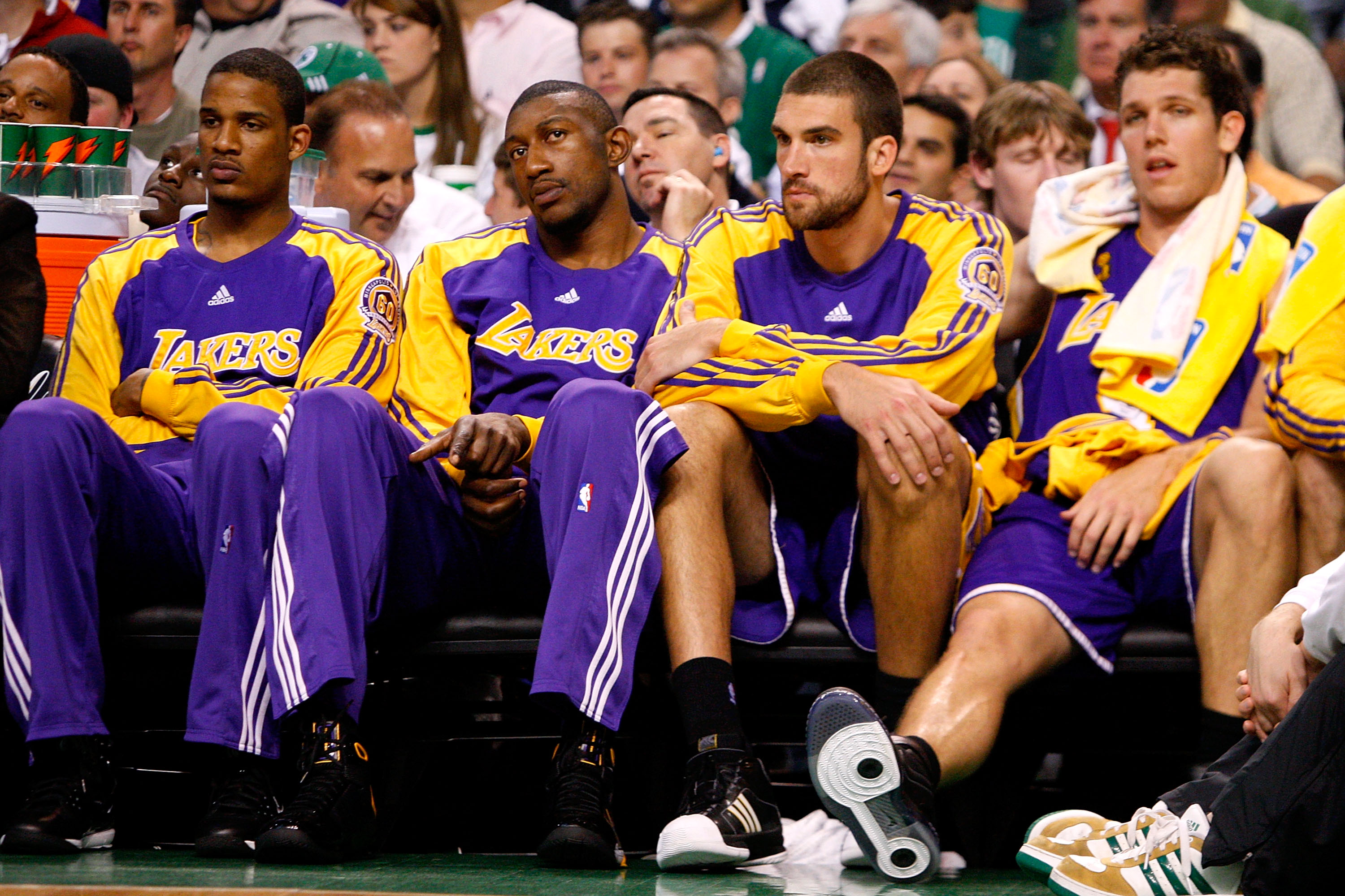 BOSTON - JUNE 05:  (L-R) Trevor Ariza #3, DJ Mbenga #28, Chris Mihm #31 and Luke Walton #4 of the Los Angeles Lakers watch the final moments of the Lakers' loss to the Boston Celtics in Game One of the 2008 NBA Finals on June 5, 2008 at TD Banknorth Garde