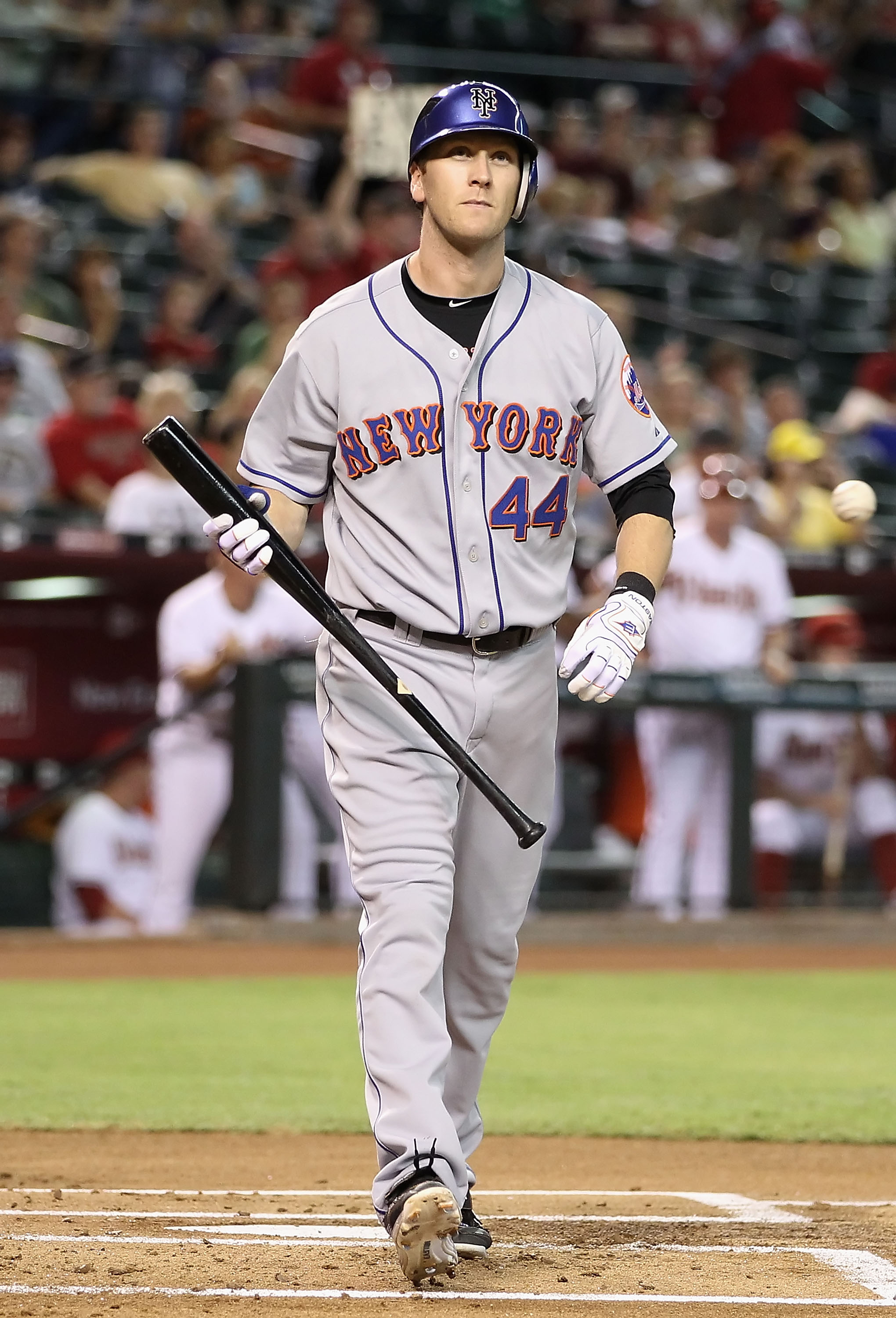 PHOENIX - JULY 20:  Jason Bay #44 of the New York Mets reacts after striking out against the Arizona Diamondbacks during the first inning of Major League Baseball game at Chase Field on July 20, 2010 in Phoenix, Arizona.  (Photo by Christian Petersen/Gett