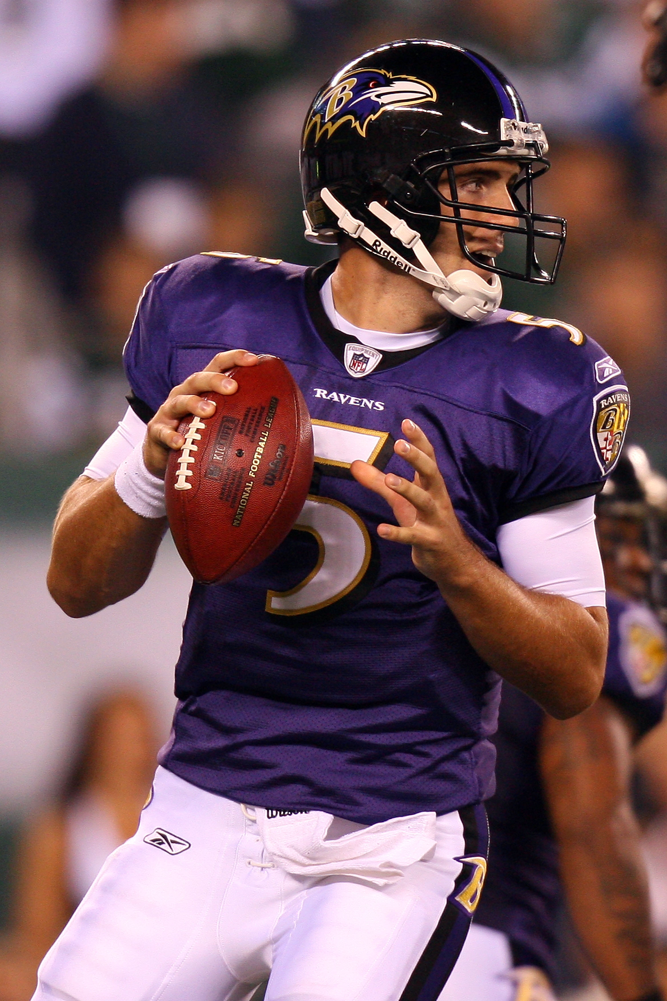 13 September 2010: Baltimore Ravens quarterback Joe Flacco (5) during the  second half of the Baltimore Ravens vs New York Jets game at the New  Meadowlands Stadium in East Rutherford, New Jersey The Ravens beat the Jets  10-9 (Icon Sportswire via