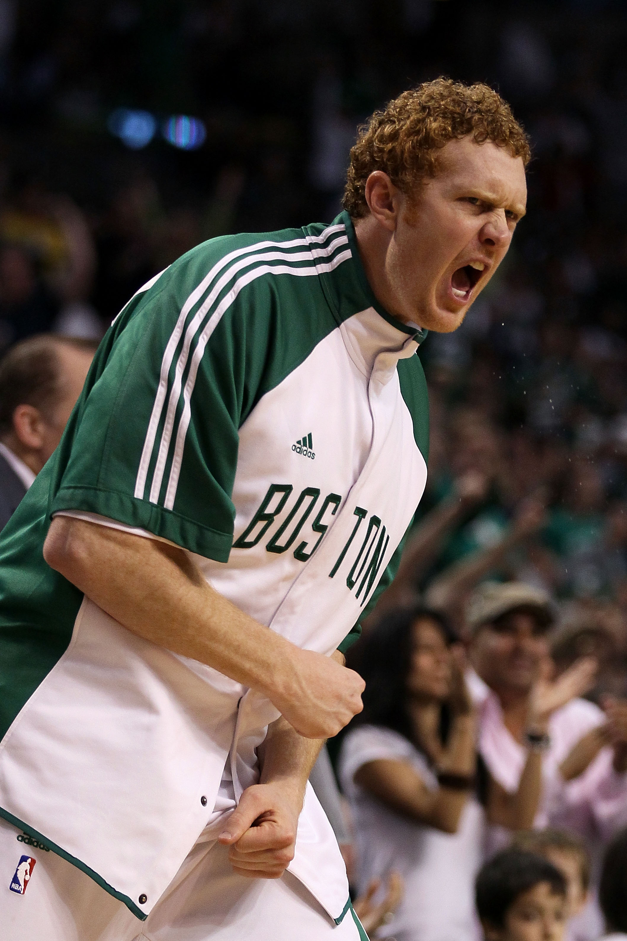 BOSTON - MAY 28: Brian Scalabrine #44 of the Boston Celtics cheers on his teammates from the bench against the Orlando Magic in Game Six of the Eastern Conference Finals during the 2010 NBA Playoffs at TD Garden on May 28, 2010 in Boston, Massachusetts.