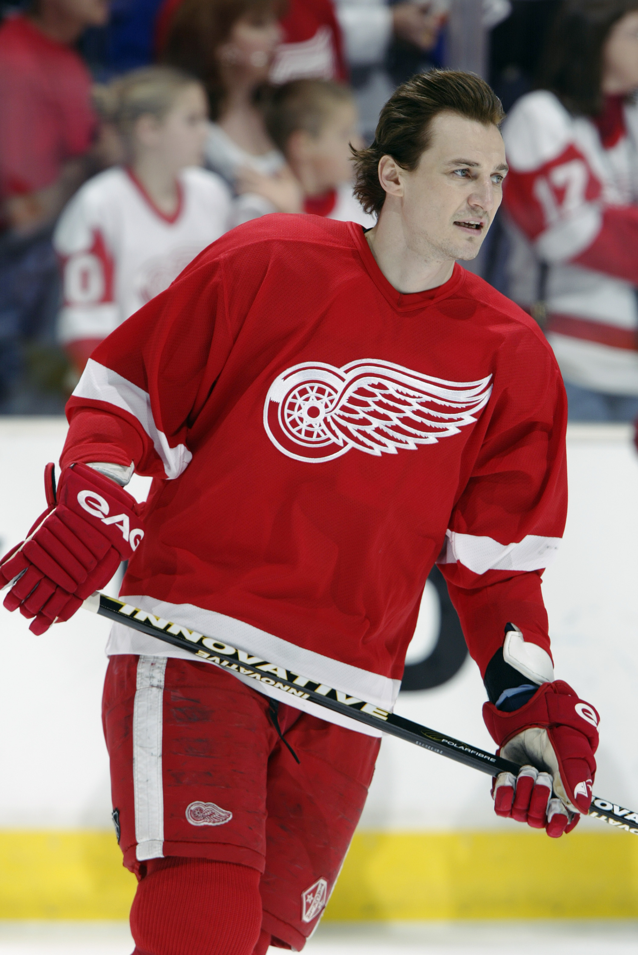 LOS ANGELES - MARCH 10:  Sergei Fedorov #91 of the Detroit Red Wings skates during warmups before the game against the Los Angeles Kings on March 10, 2003 at the Staples Center in Los Angeles, California.  The Red Wings defeated the Kings 3-2.  (Photo by