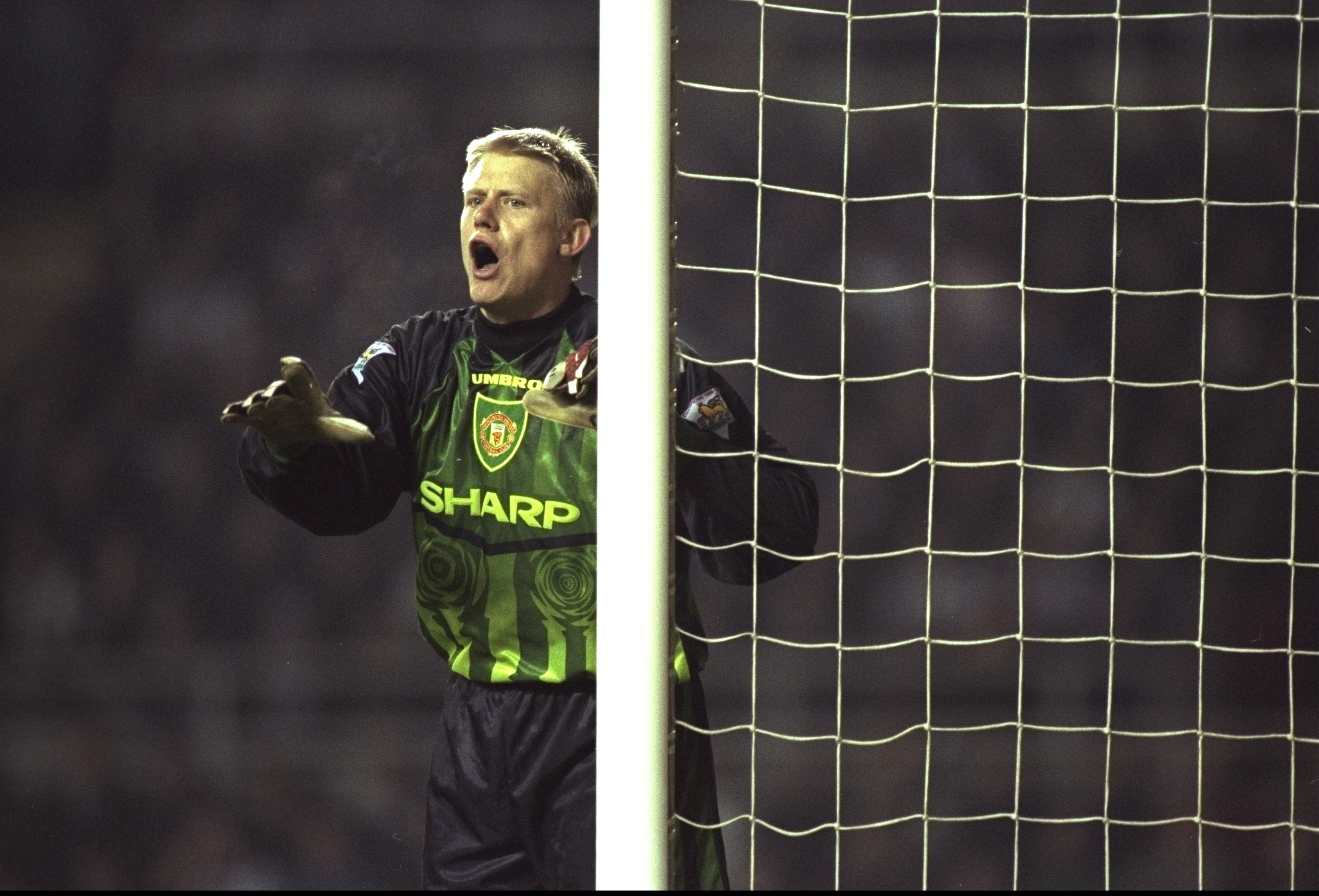 21 Dec 1997:  Peter Schmeichel of Manchester United controls his defence from the near post during the FA Carling Premiership match against Newcastle United at St James'' Park in Newcastle, England. Manchester United won the match 0-1. \ Mandatory Credit: