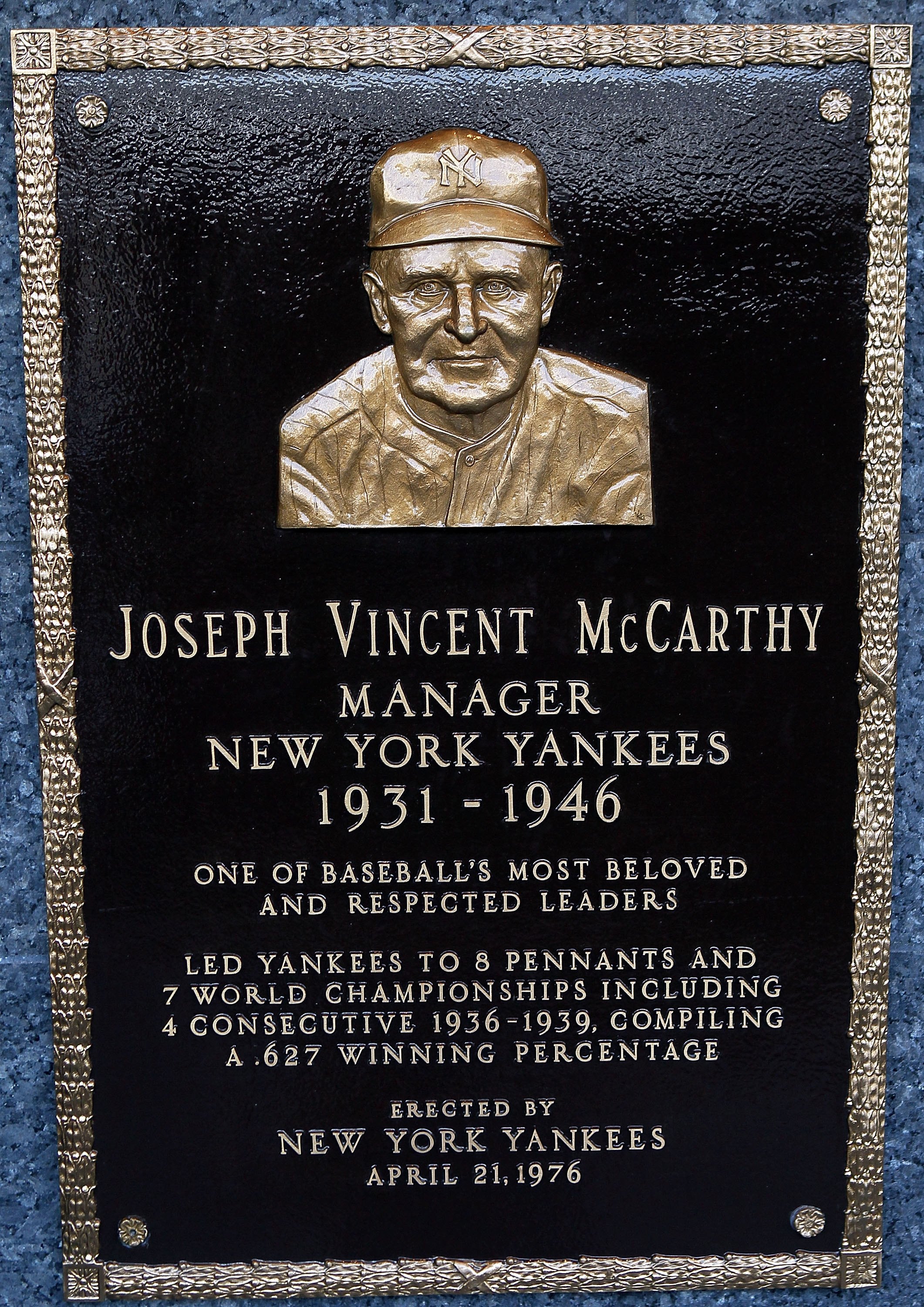 NEW YORK - MAY 02:  The plaque of Joe McCarthy is seen in Monument Park at Yankee Stadium prior to the game between the New York Yankees and the Chicago White Sox on May 2, 2010 in the Bronx borough of New York City. The Yankees defeated the White Sox 12-