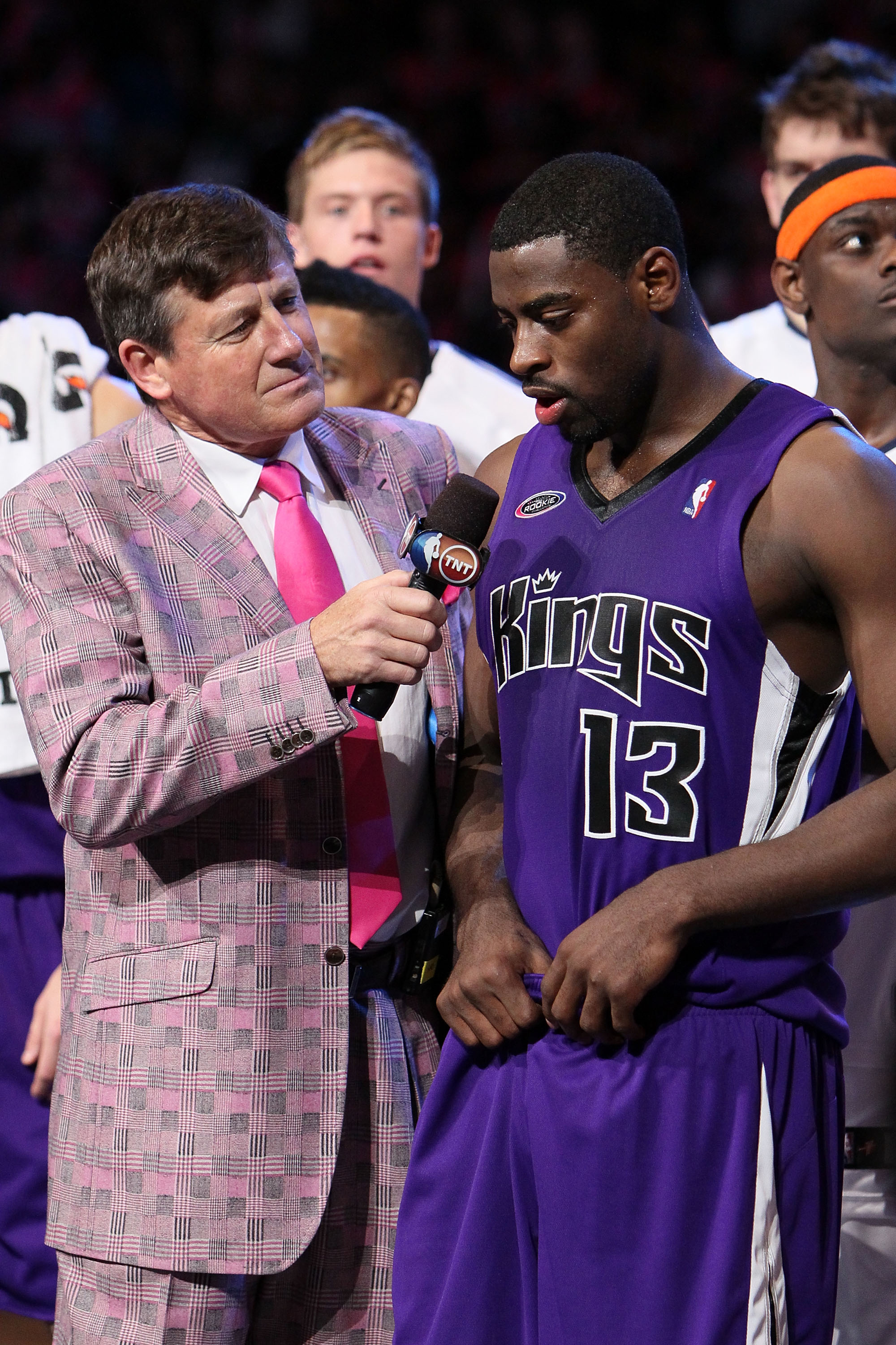 DALLAS - FEBRUARY 12:  Sportscaster Craig Sager interviews Tyreke Evans #13 of the Rookie team  in honor of his MVP award after the T-Mobile Rookie Challenge & Youth Jam part of 2010 NBA All-Star Weekend at American Airlines Center on February 12, 2010 in
