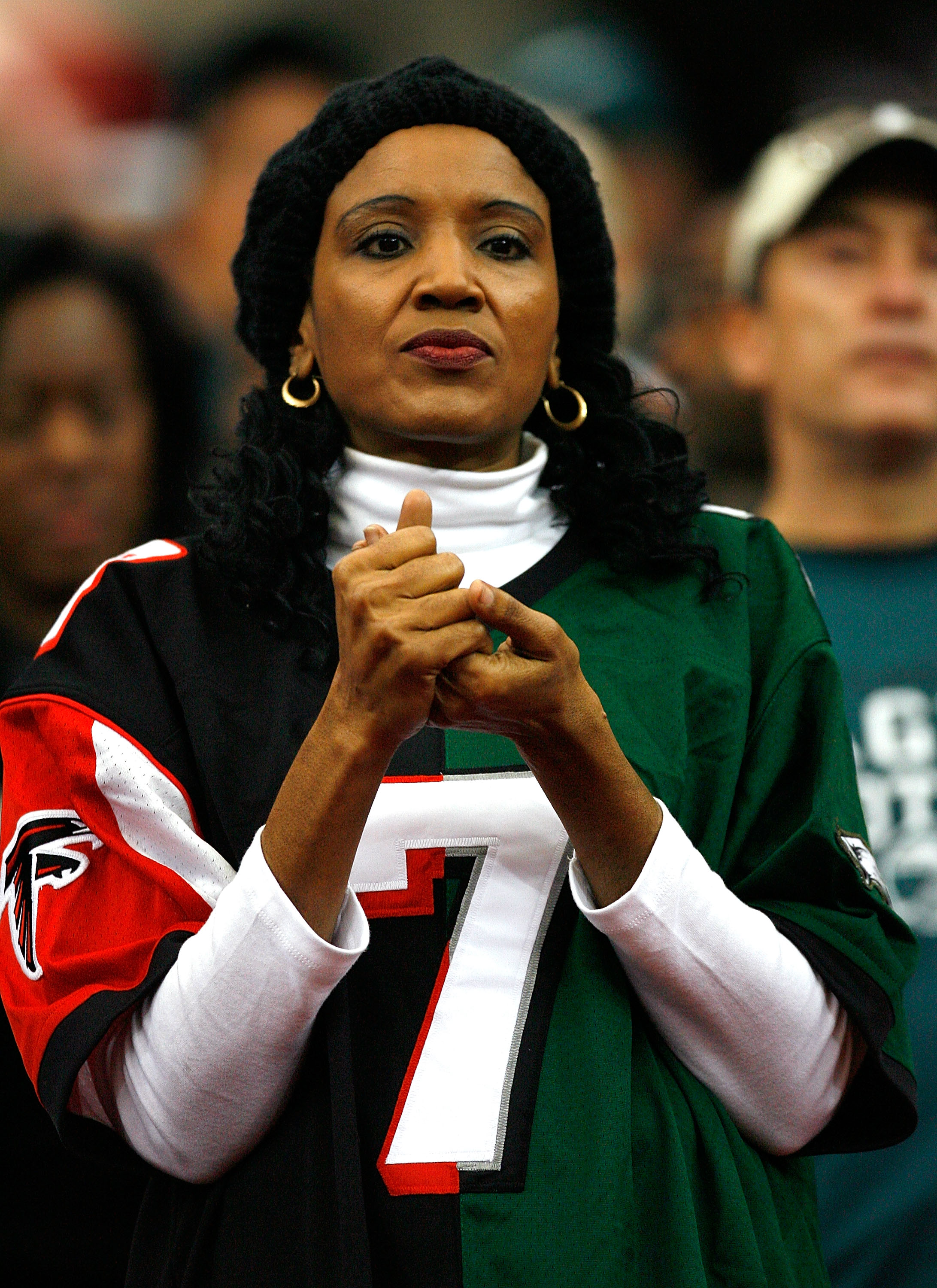 Image result for fans wearing vick eagles and falcons jersey