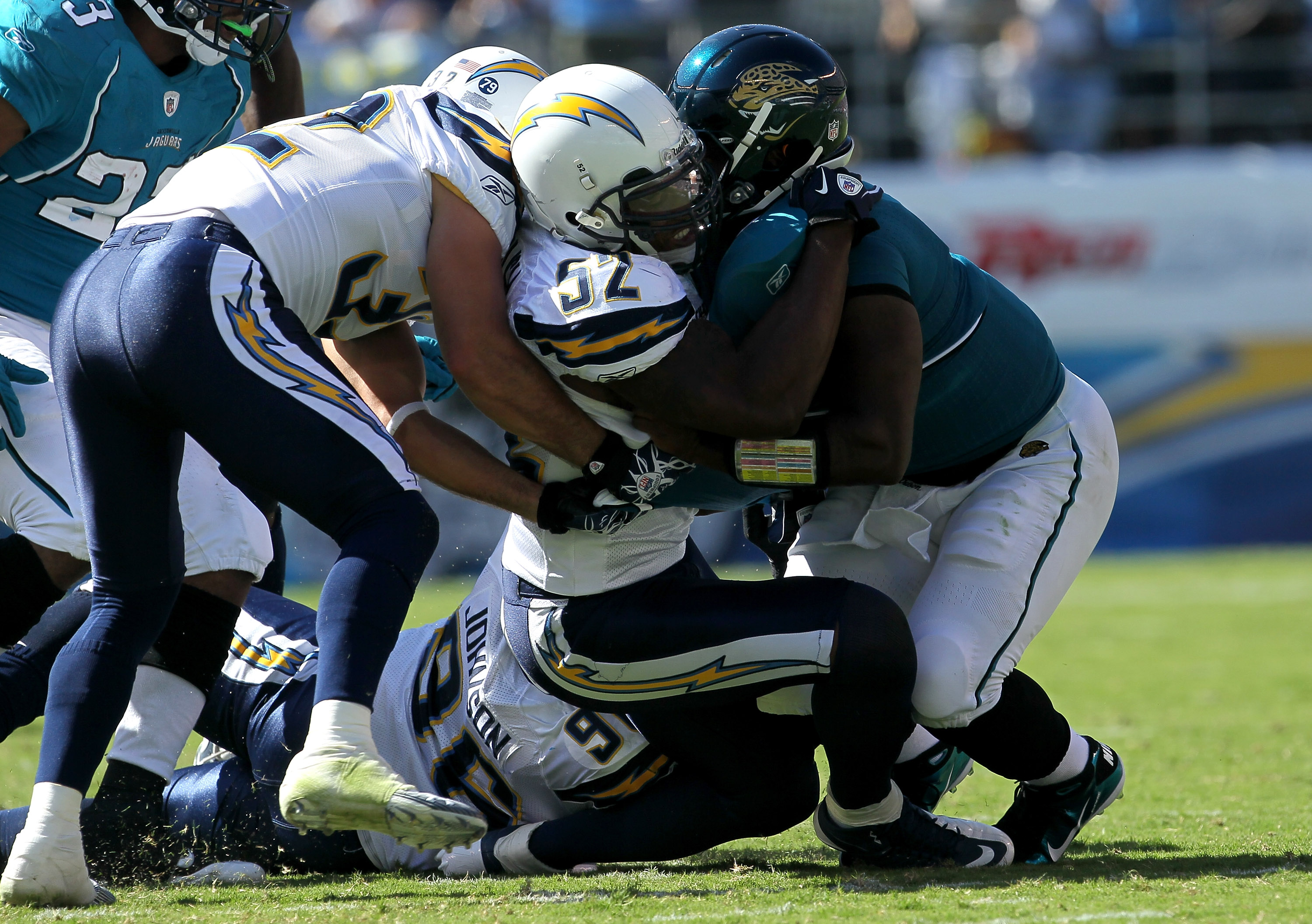 Jacob Hester of the San Diego Chargers celebrates after blocking a