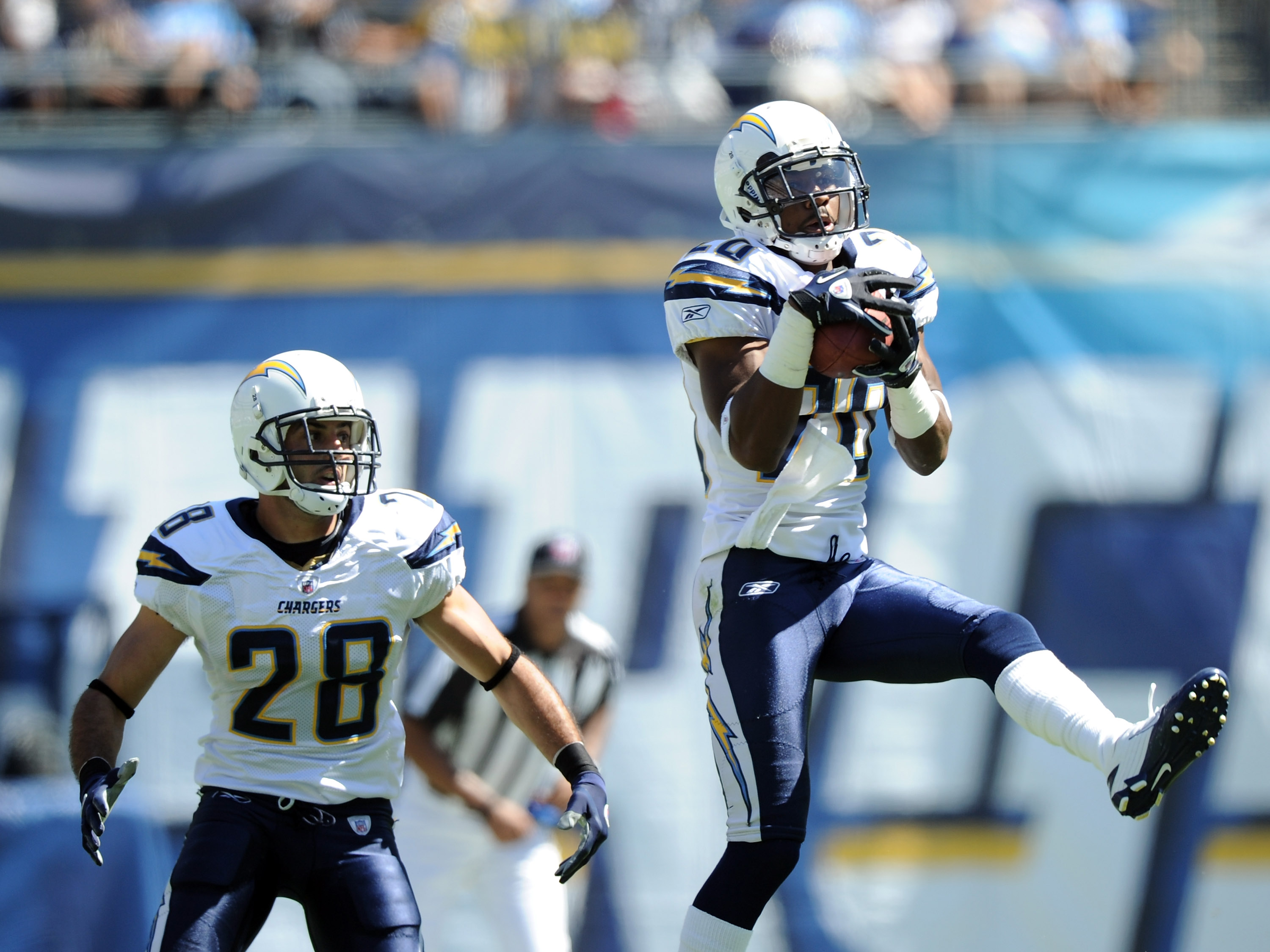 Jacob Hester of the San Diego Chargers celebrates after blocking a