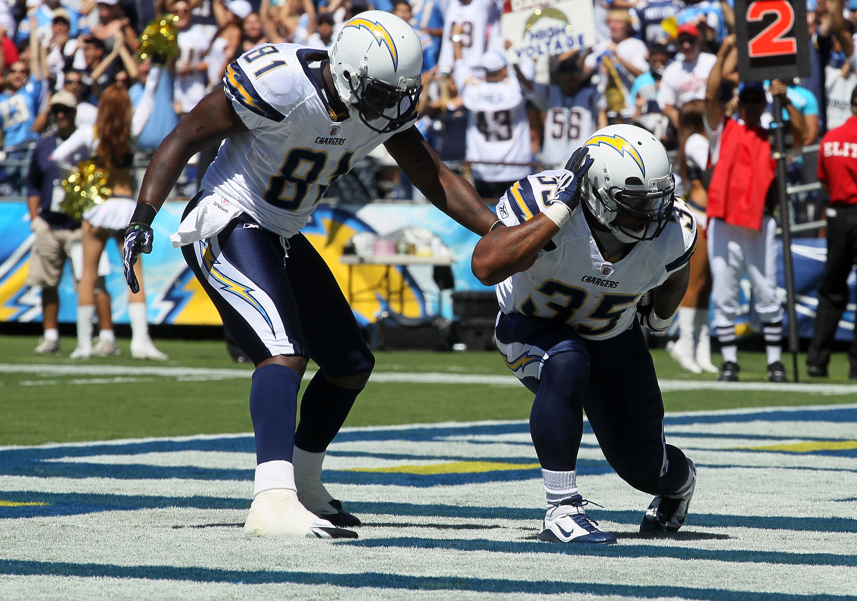 Jacob Hester of the San Diego Chargers celebrates after blocking a