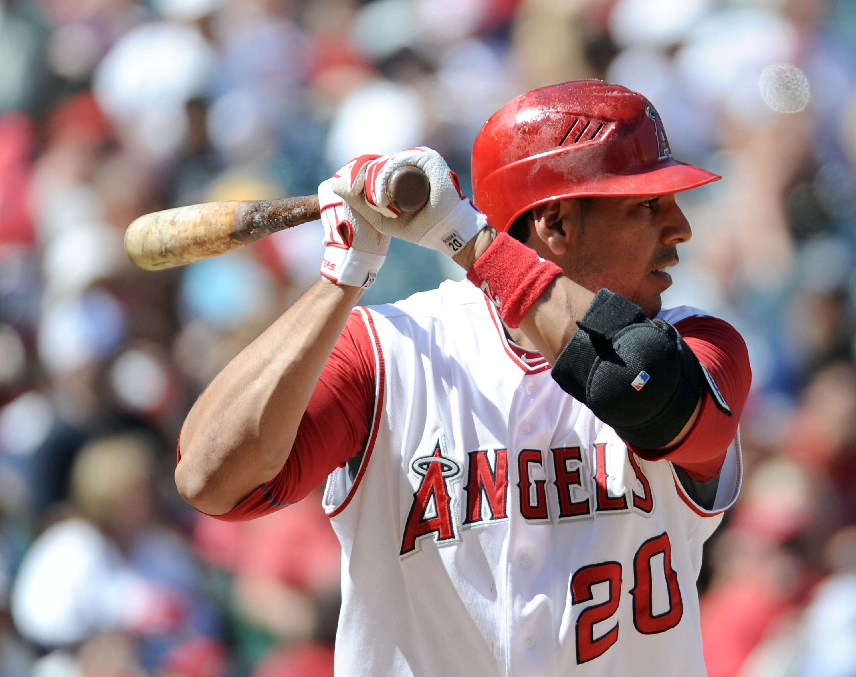 ANAHEIM, CA - SEPTEMBER 12:  Juan Rivera #20 of the Los Angeles Angels of Anaheim at bat against the Seattle Mariners during the game at Angel Stadium on September 12, 2010 in Anaheim, California.  (Photo by Harry How/Getty Images)