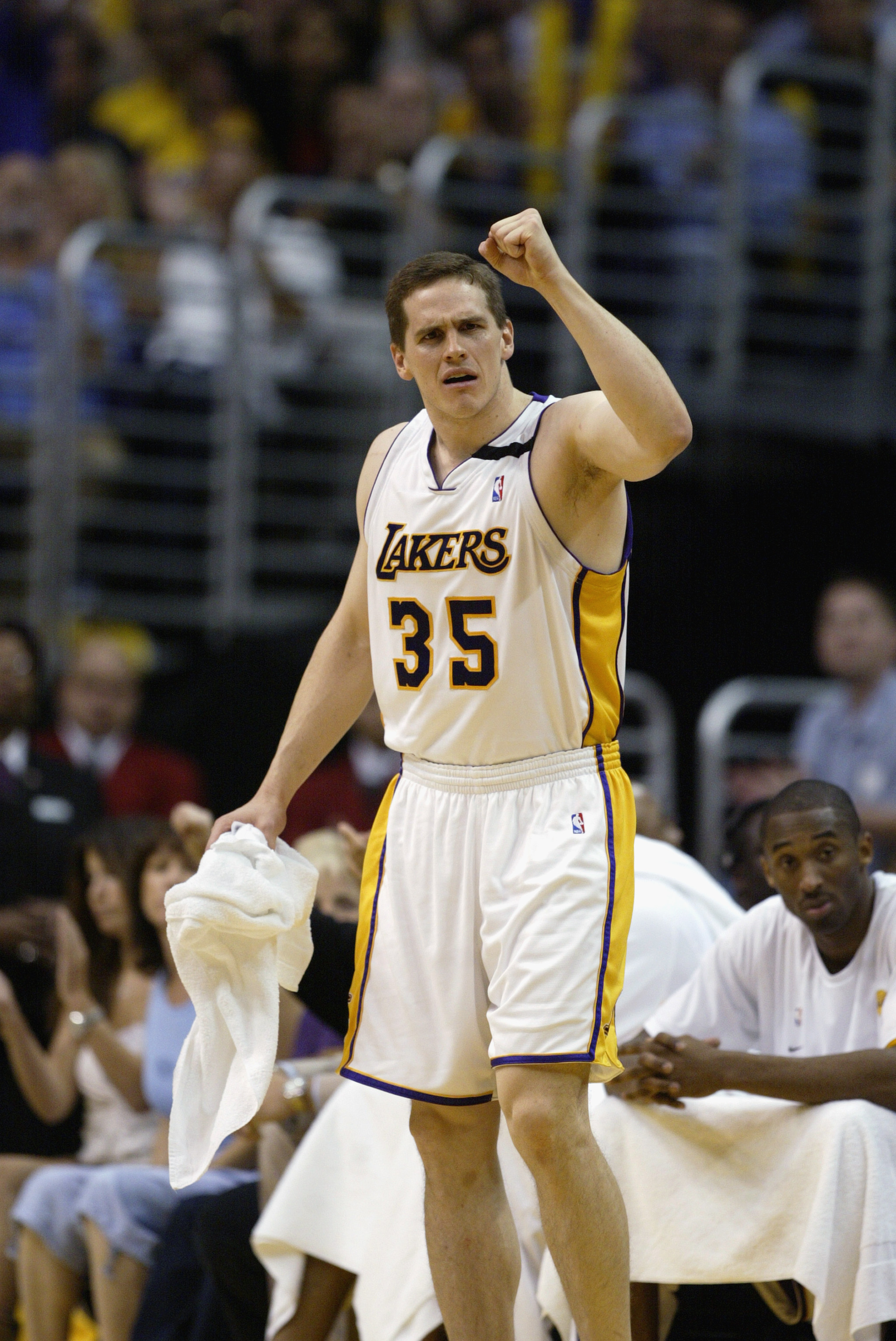 LOS ANGELES - MAY 11:  Mark Madsen #35 of the Los Angeles Lakers celebrates against the San Antonio Spurs in Game four of the Western Conference Semifinals during the 2003 NBA Playoffs on May 11, 2003 at Staples Center in Los Angeles, California.  The Lak