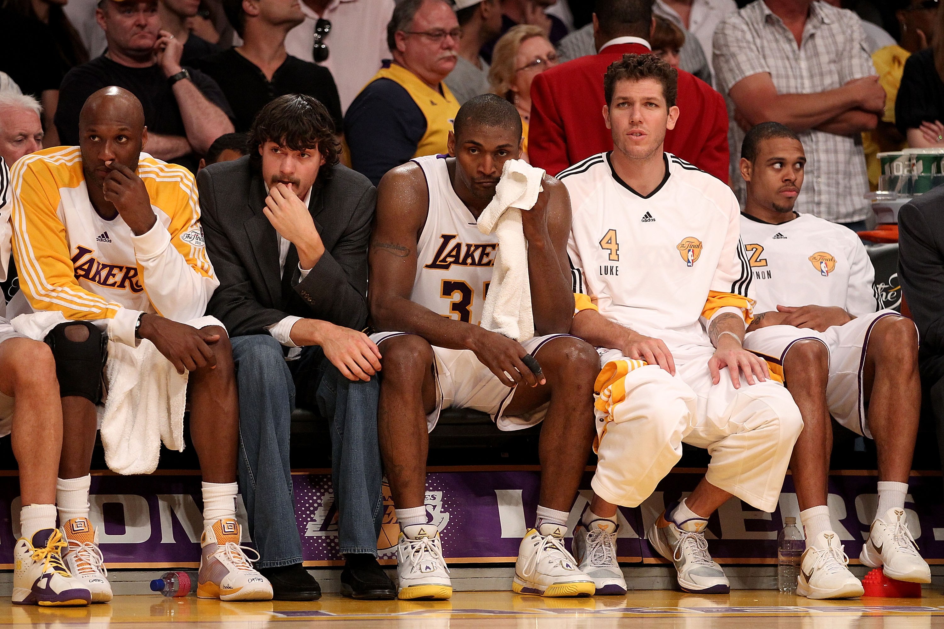 LOS ANGELES, CA - JUNE 06:  (L-R) Lamar Odom #7, Adam Morrison #6, Ron Artest #37, Luke Walton #4 and Shannon Brown #12 of the Los Angeles Lakers sit on the bench near the end of the Lakers' loss to the Boston Celtics in Game Two of the 2010 NBA Finals at